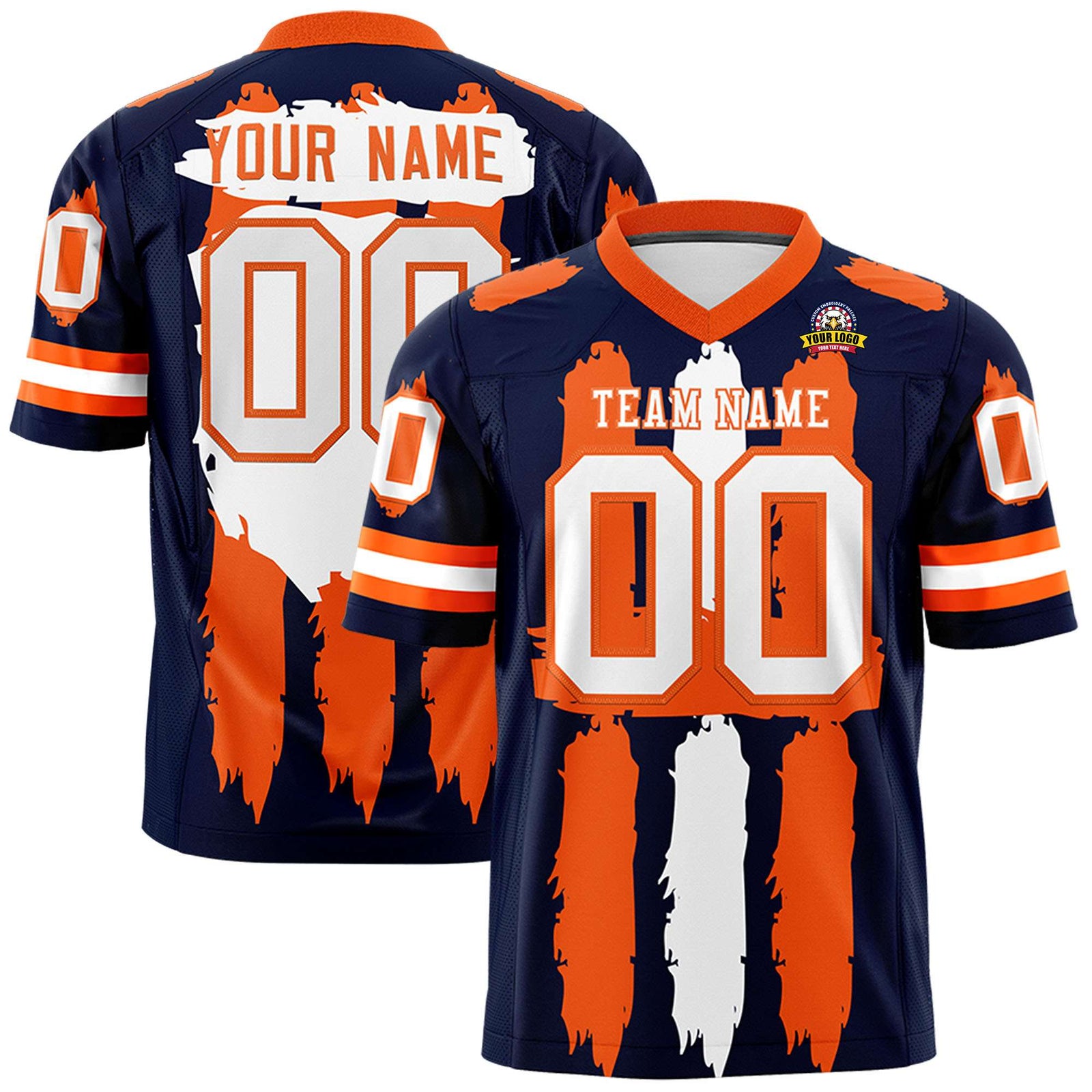 Custom Navy Orange and White Graffiti Pattern Flag Football Jerseys