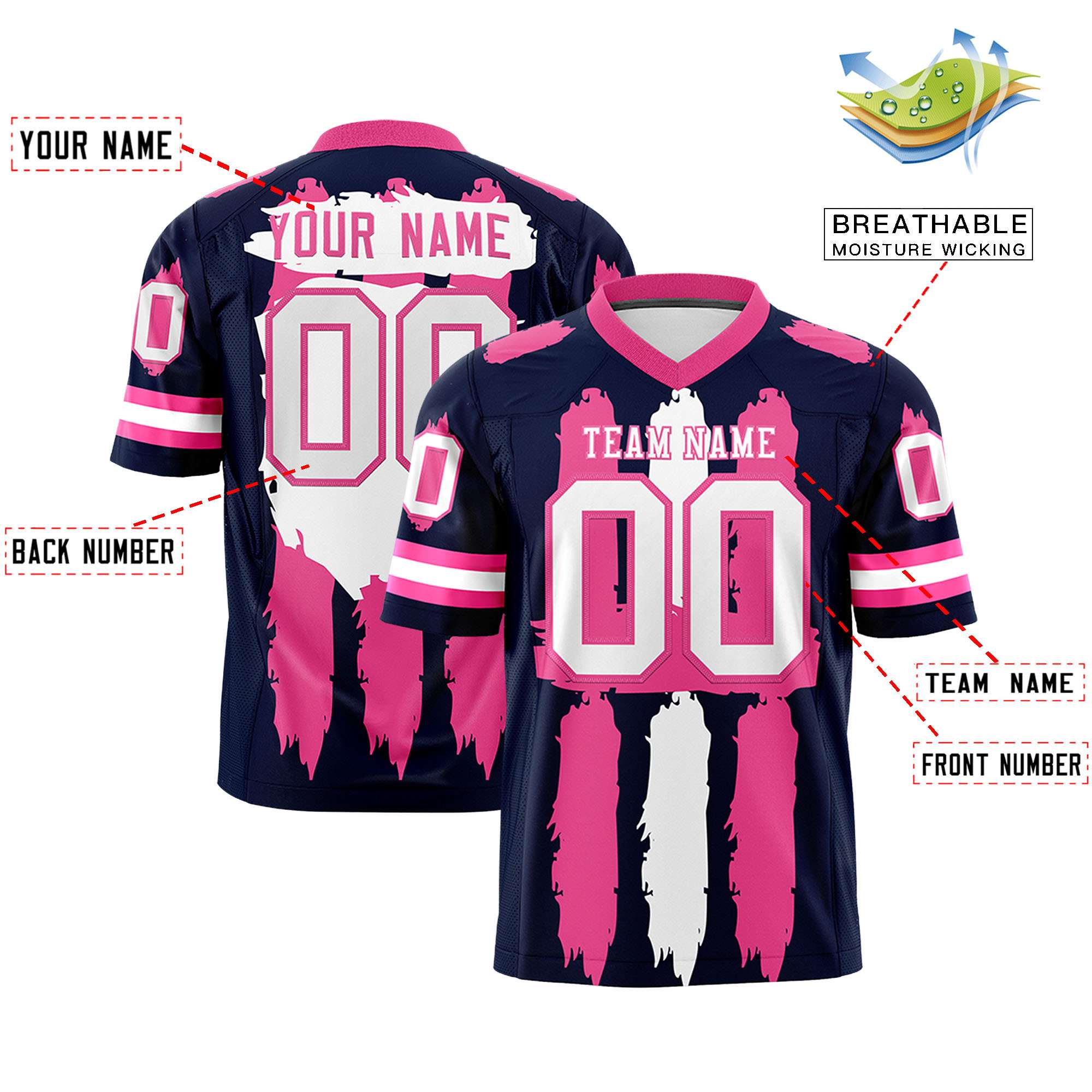 Custom Navy Pink and White Graffiti Pattern Flag Football Jerseys