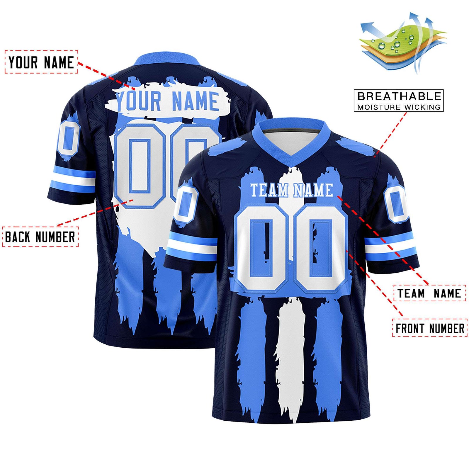 Custom Navy Powder Blue and White Graffiti Pattern Flag Football Jerseys
