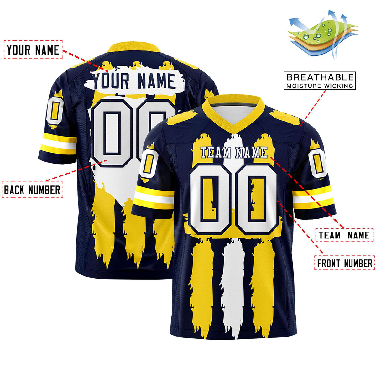 Custom Navy Gold and White Graffiti Pattern Flag Football Jerseys