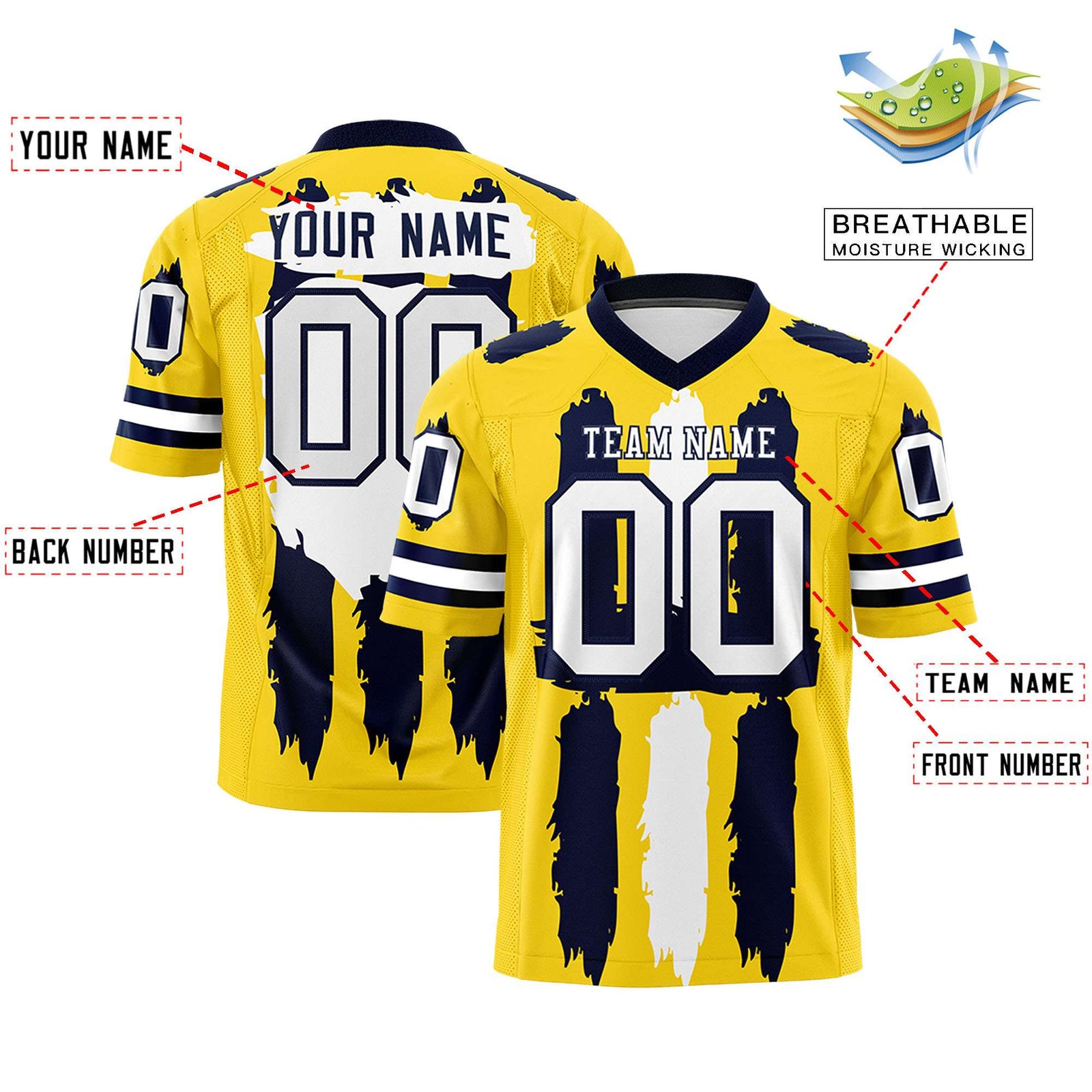 Custom Gold Navy and White Graffiti Pattern Flag Football Jerseys