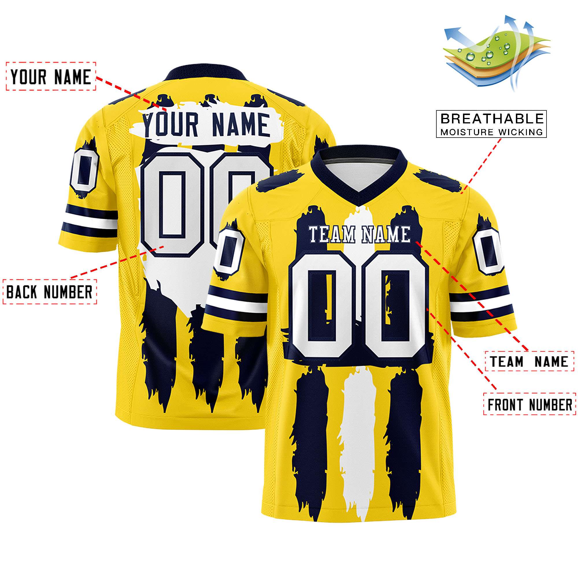 Custom Gold Navy and White Graffiti Pattern Flag Football Jerseys