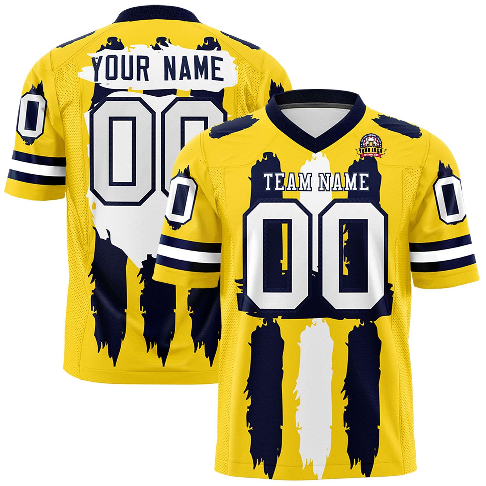 Custom Gold Navy and White Graffiti Pattern Flag Football Jerseys