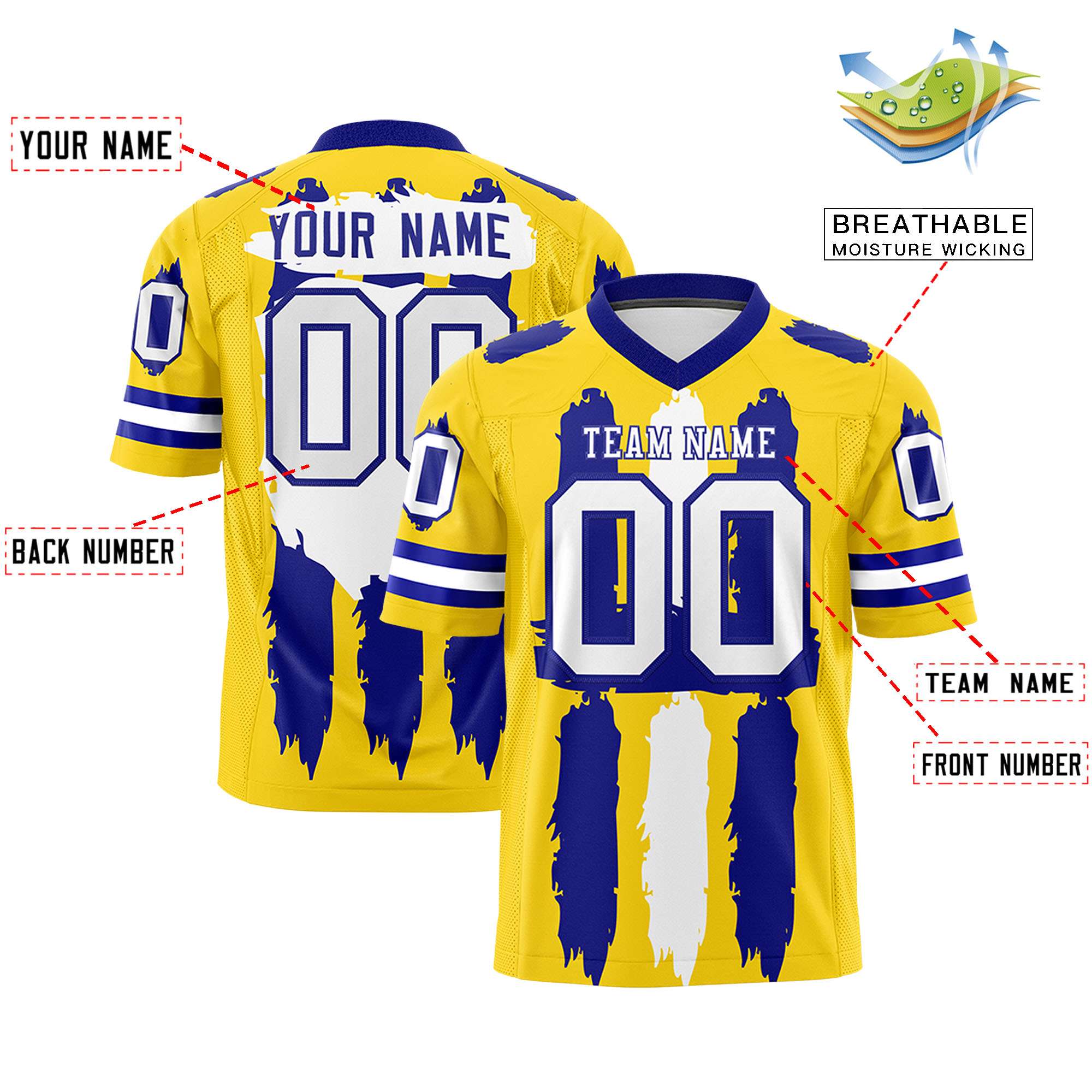 Custom Gold Royal and White Graffiti Pattern Flag Football Jerseys