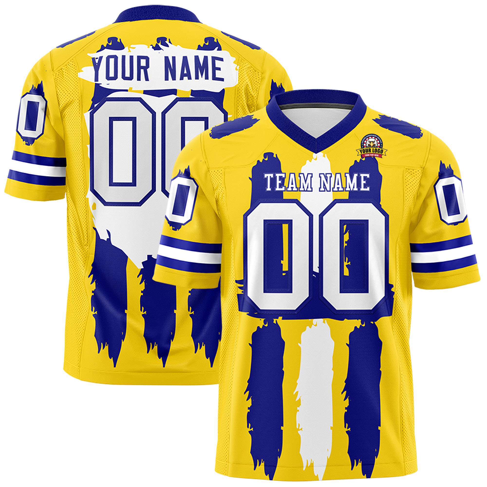 Custom Gold Royal and White Graffiti Pattern Flag Football Jerseys