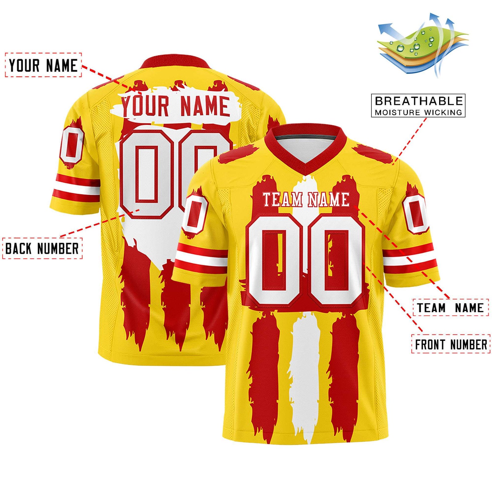 Custom Gold Red and White Graffiti Pattern Flag Football Jerseys