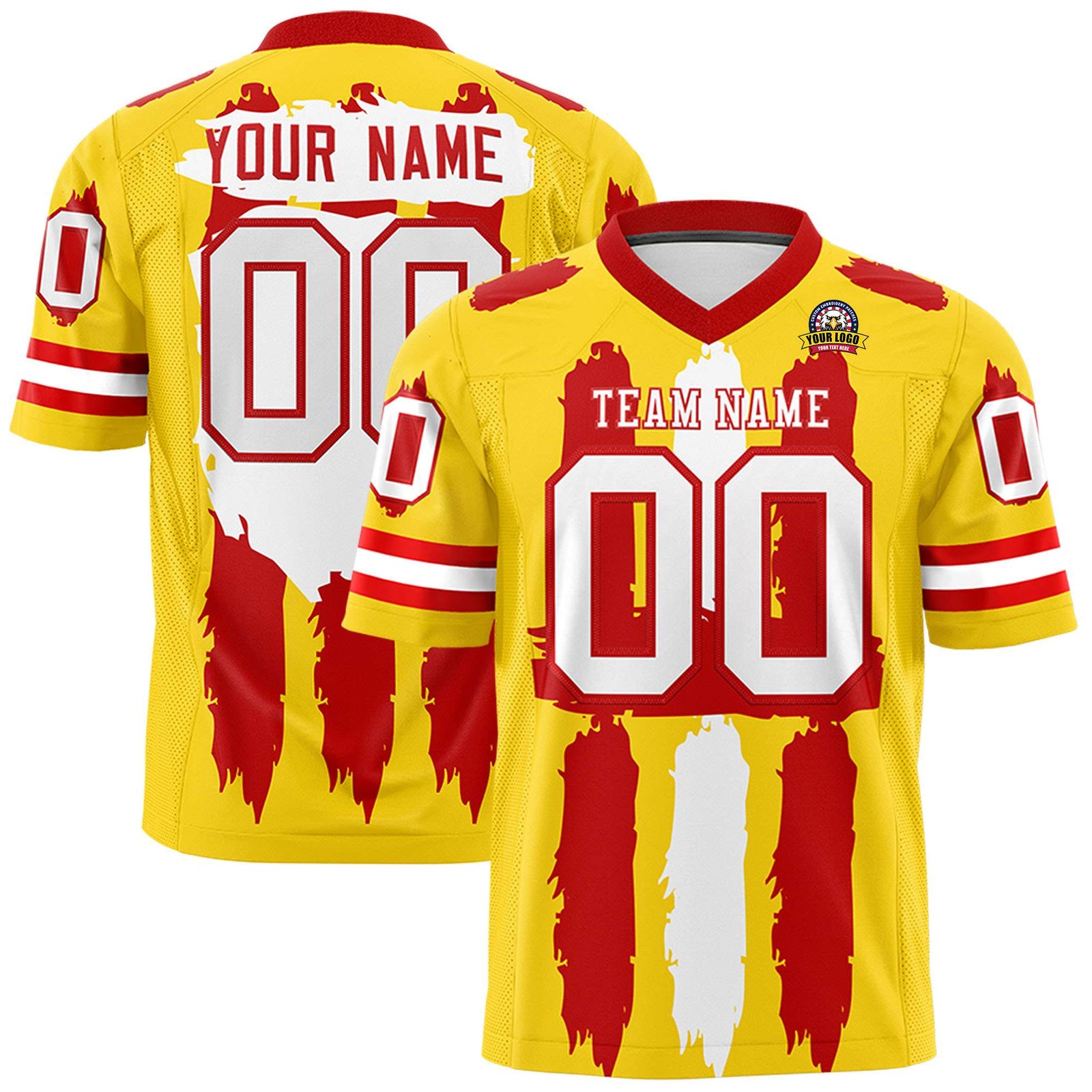 Custom Gold Red and White Graffiti Pattern Flag Football Jerseys