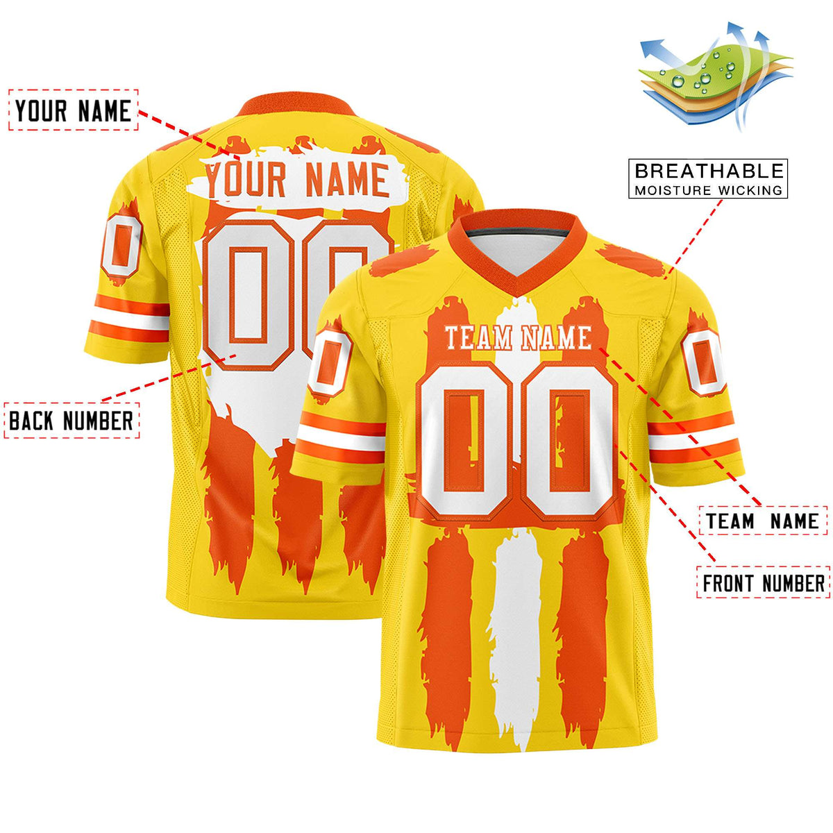 Custom Gold Orange and White Graffiti Pattern Flag Football Jerseys