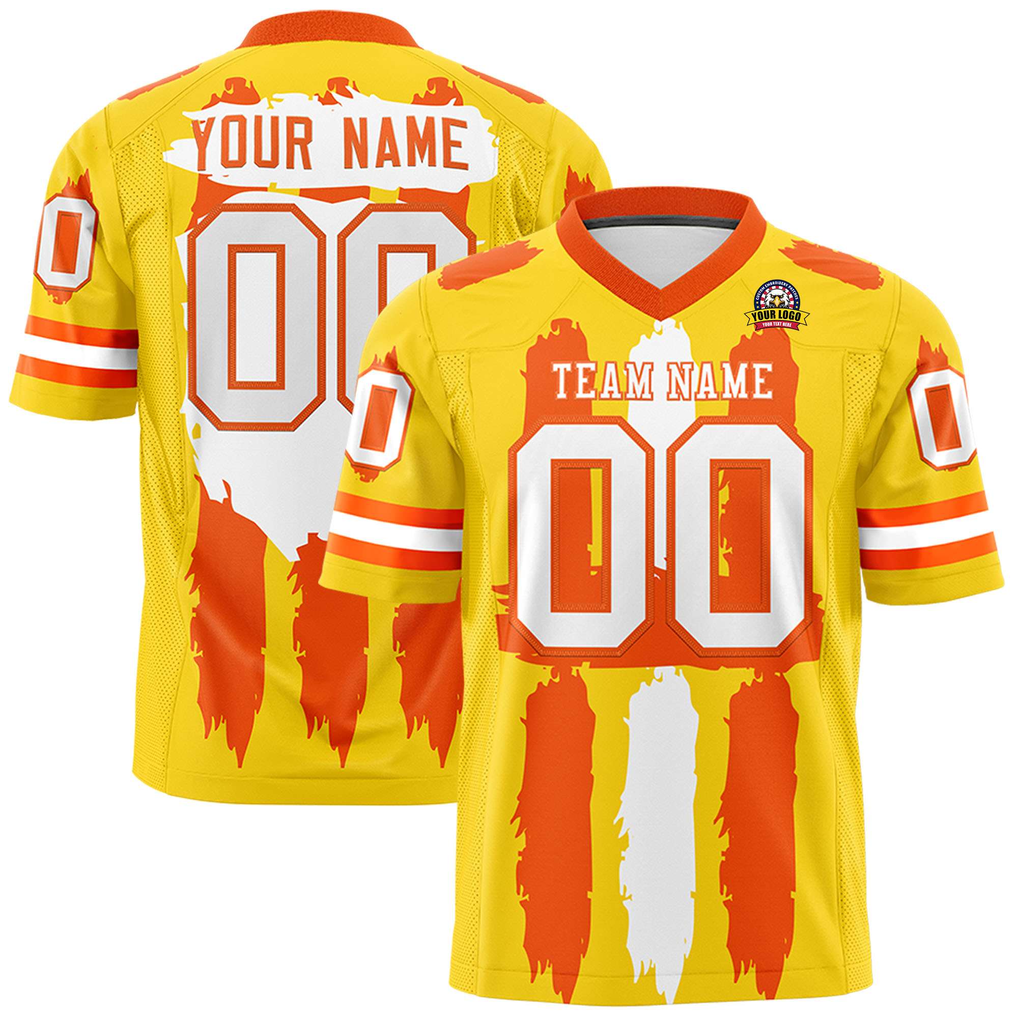 Custom Gold Orange and White Graffiti Pattern Flag Football Jerseys