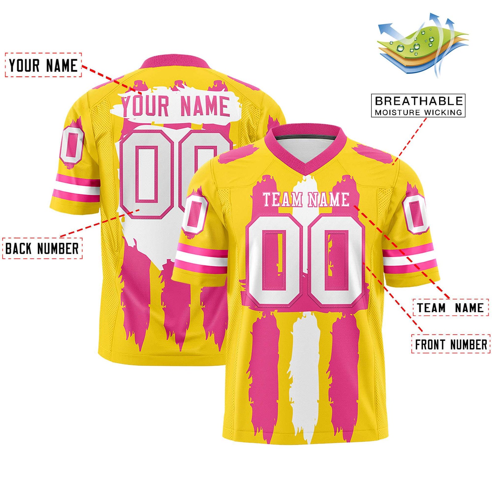 Custom Gold Pink and White Graffiti Pattern Flag Football Jerseys