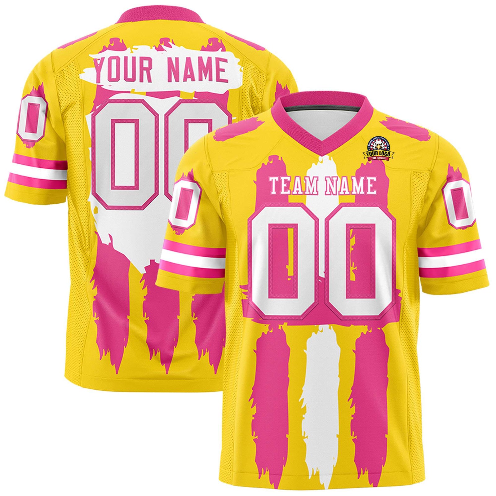 Custom Gold Pink and White Graffiti Pattern Flag Football Jerseys