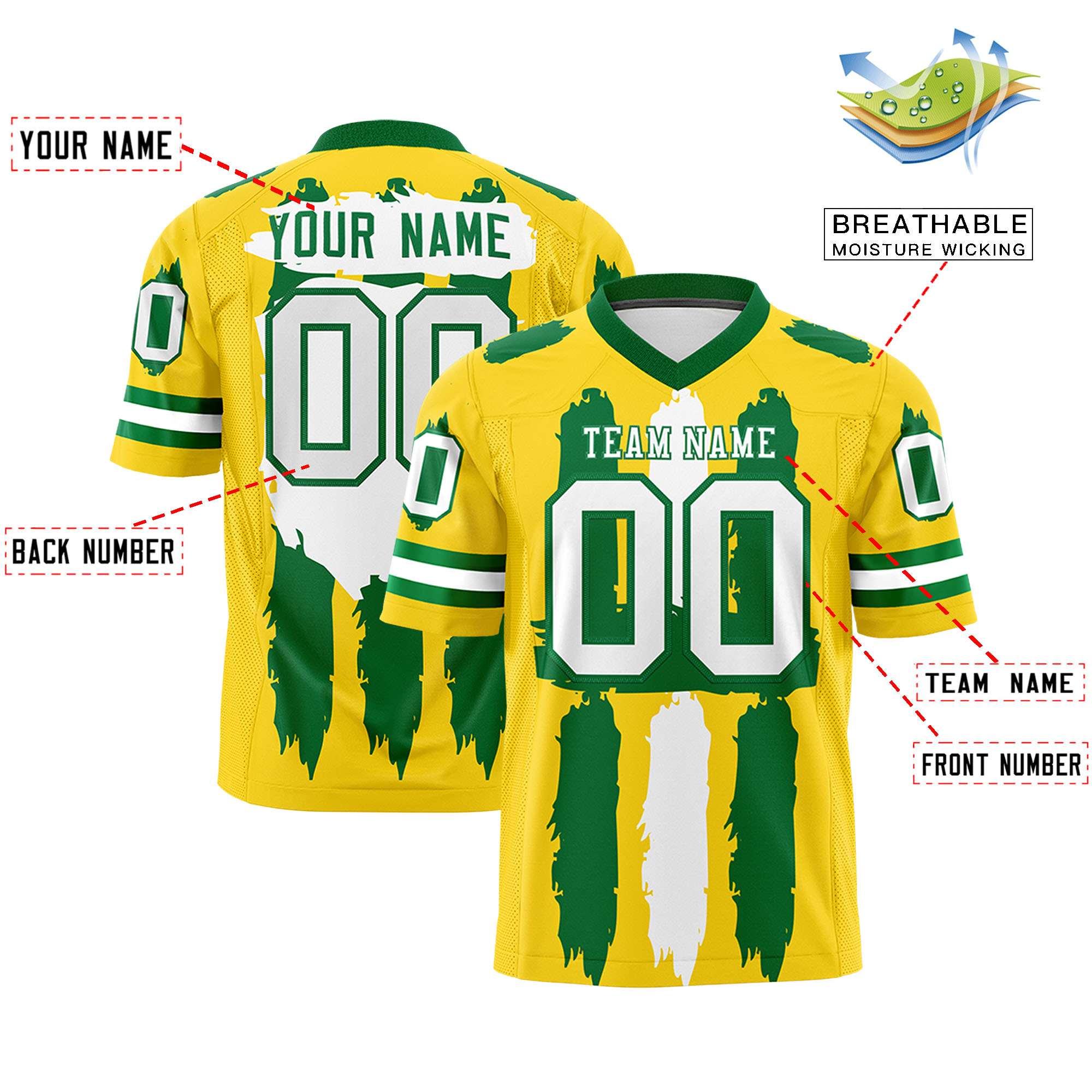 Custom Gold Kelly Green and  Graffiti Pattern Flag Football Jerseys