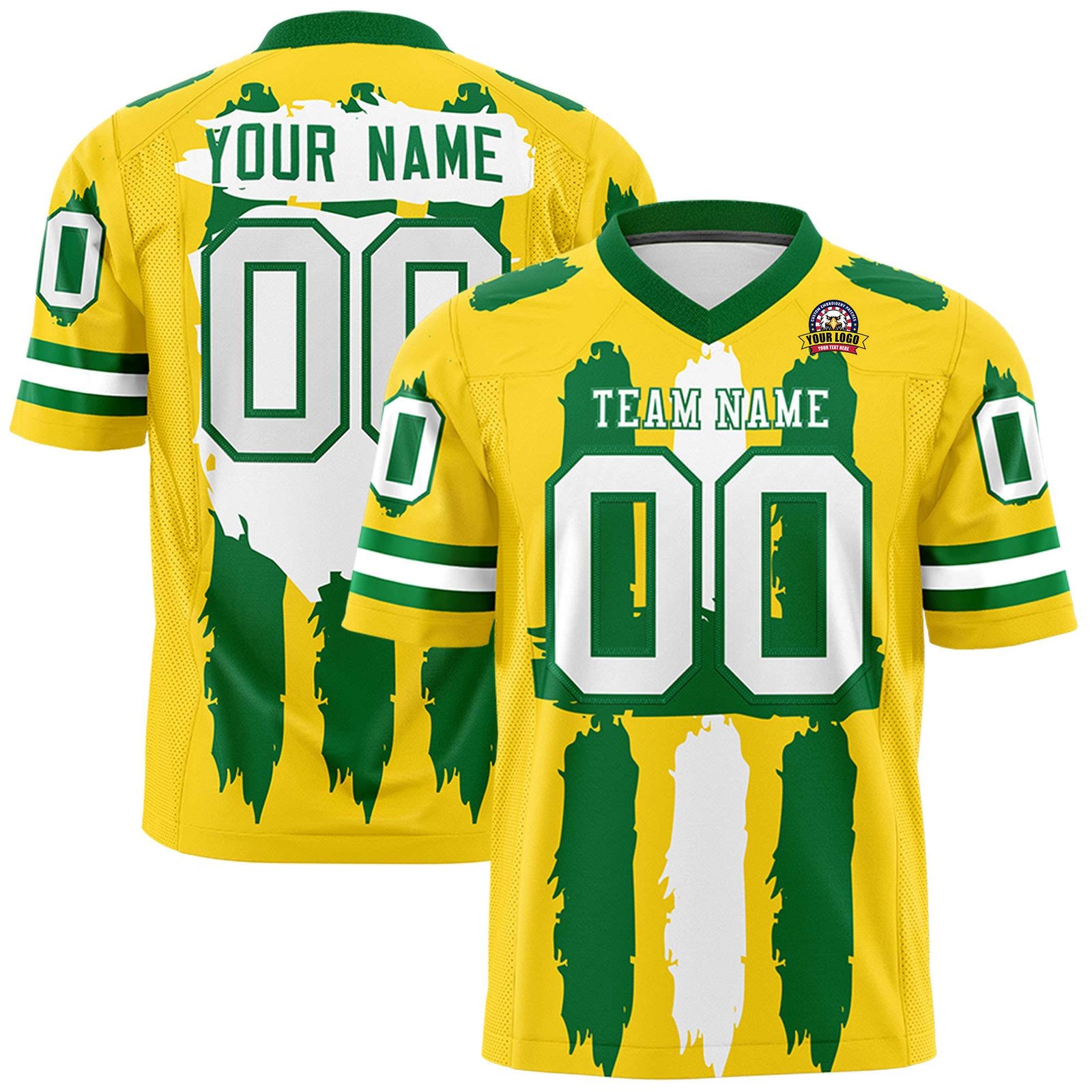 Custom Gold Kelly Green and  Graffiti Pattern Flag Football Jerseys