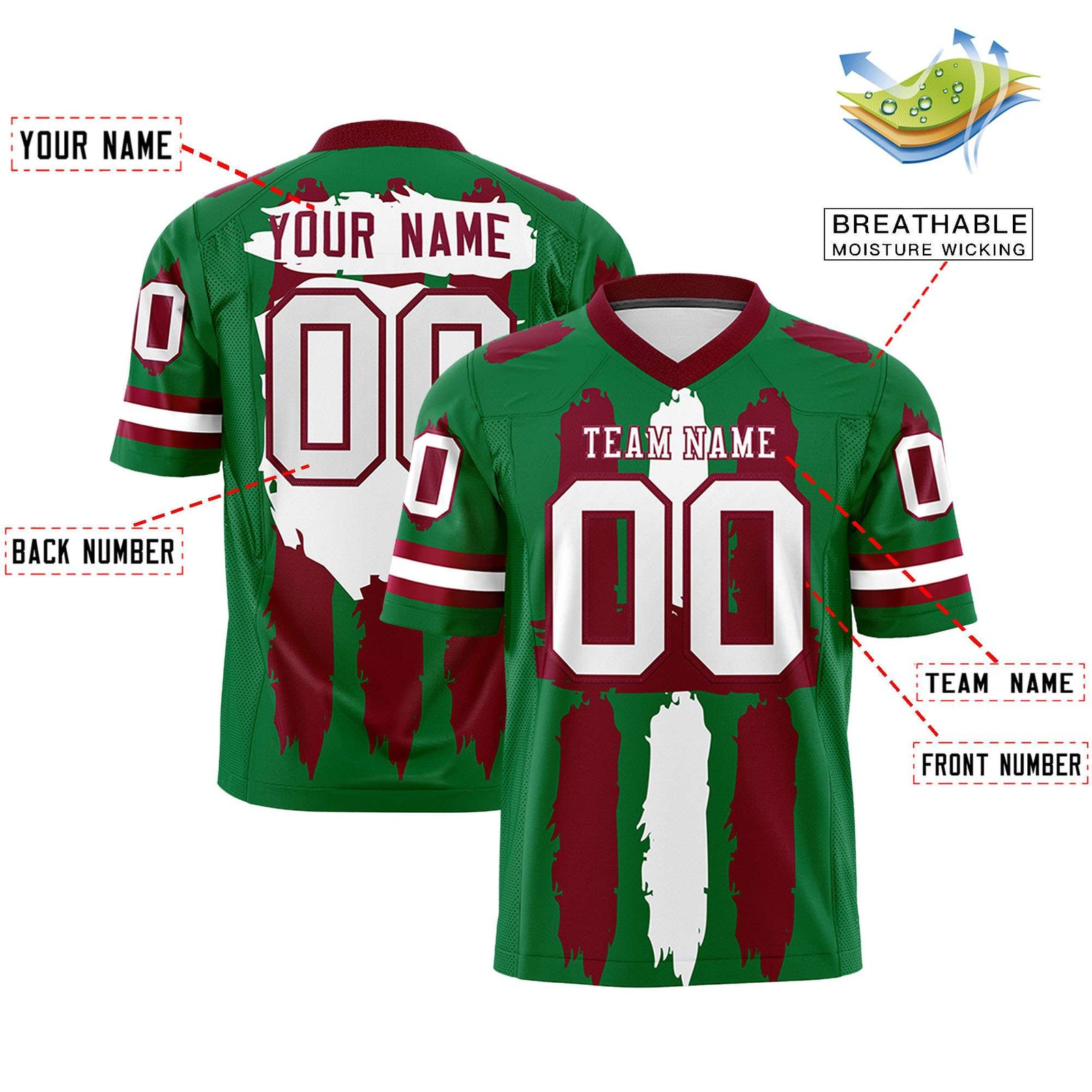 Custom Kelly Green Crimson and White Graffiti Pattern Flag Football Jerseys