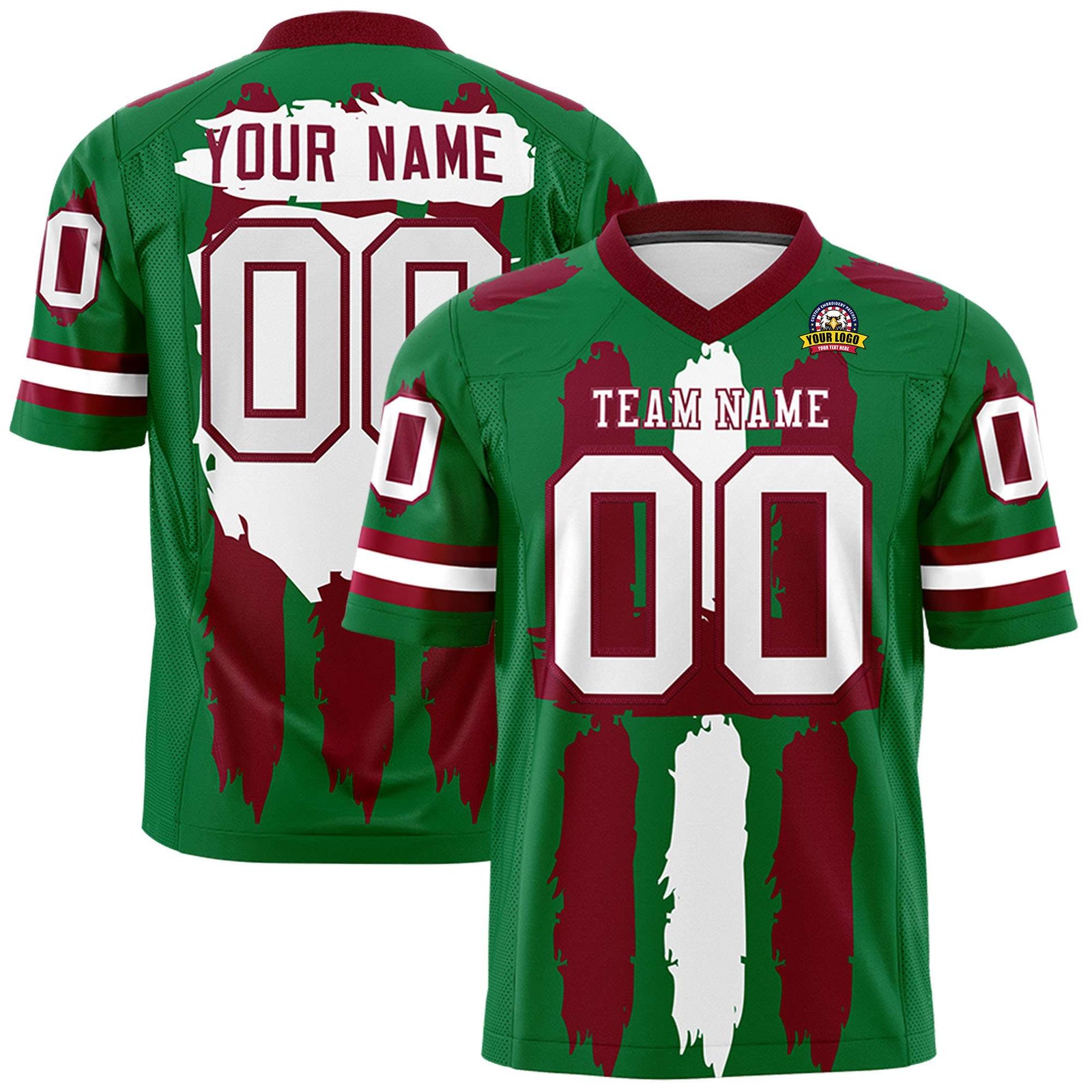 Custom Kelly Green Crimson and White Graffiti Pattern Flag Football Jerseys