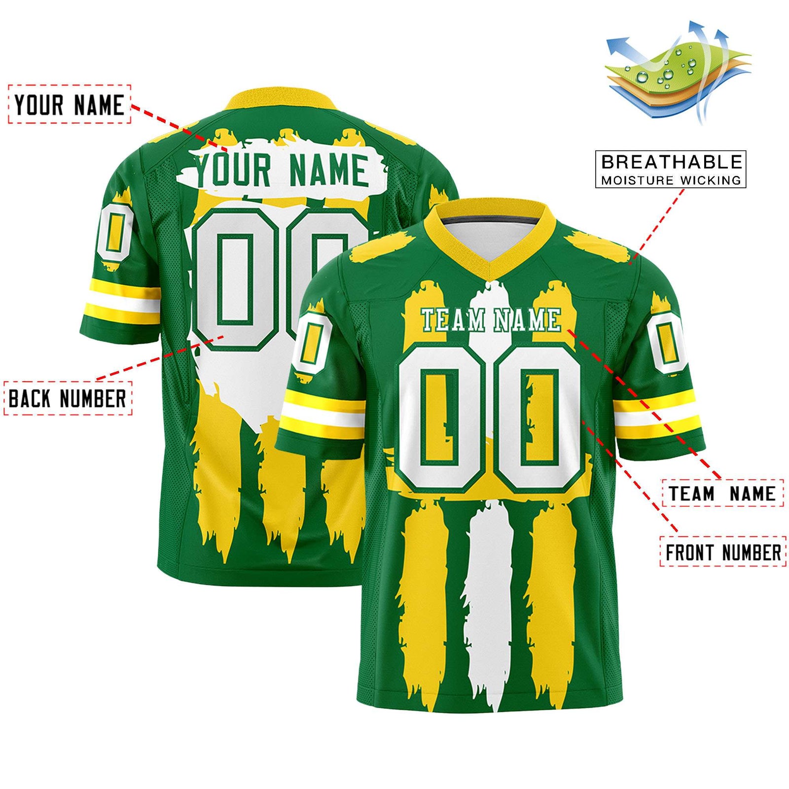 Custom Kelly Green Gold and White Graffiti Pattern Flag Football Jerseys