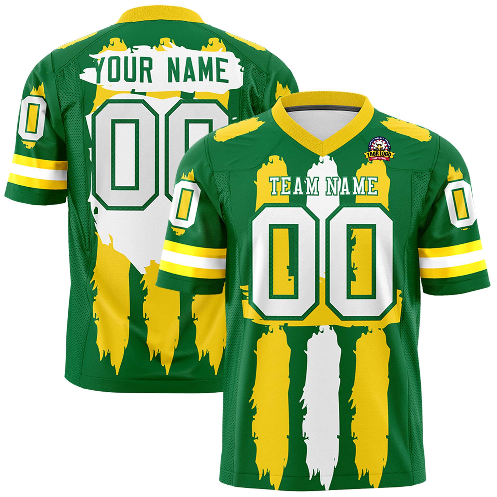 Custom Kelly Green Gold and White Graffiti Pattern Flag Football Jerseys