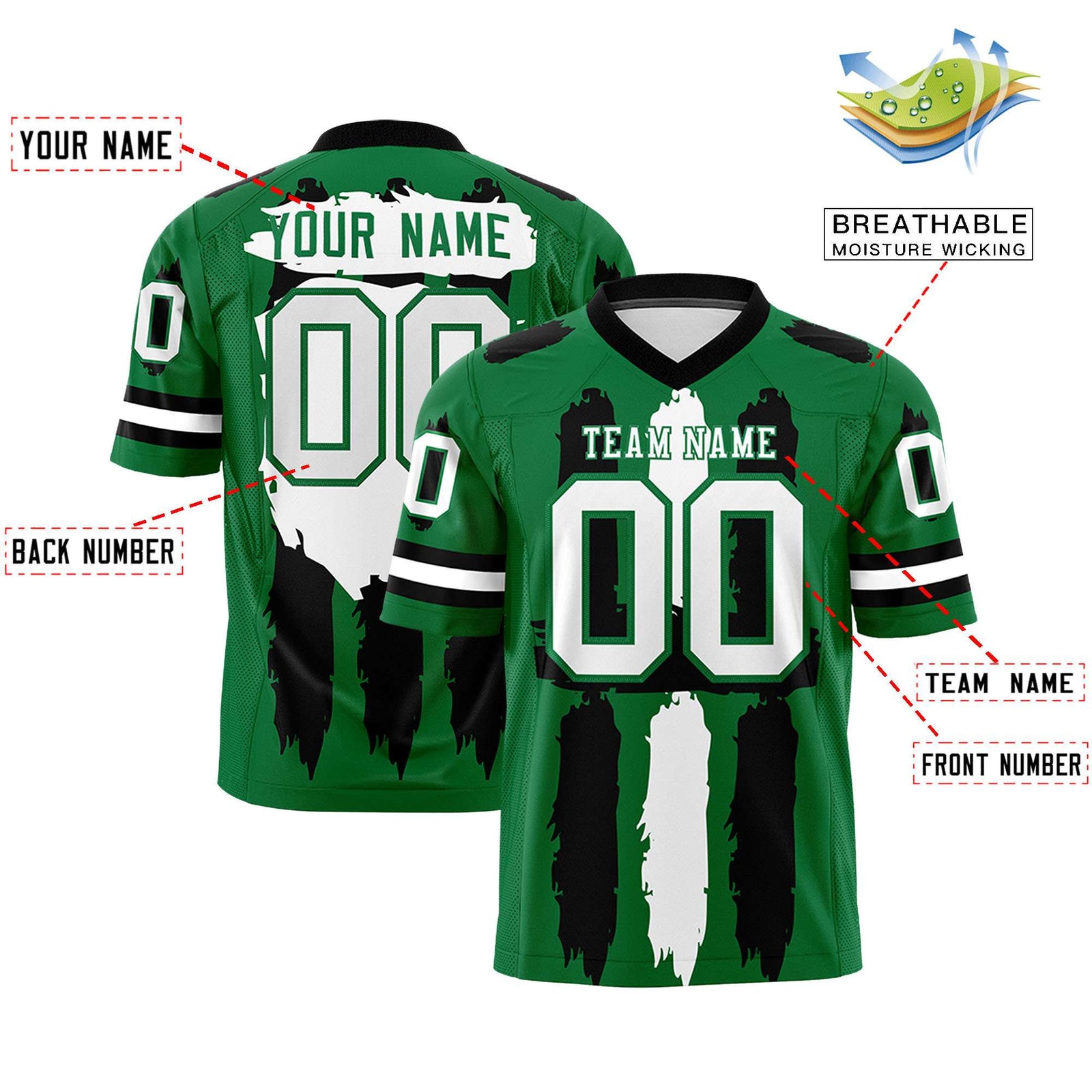 Custom Kelly Green Black and White Graffiti Pattern Flag Football Jerseys