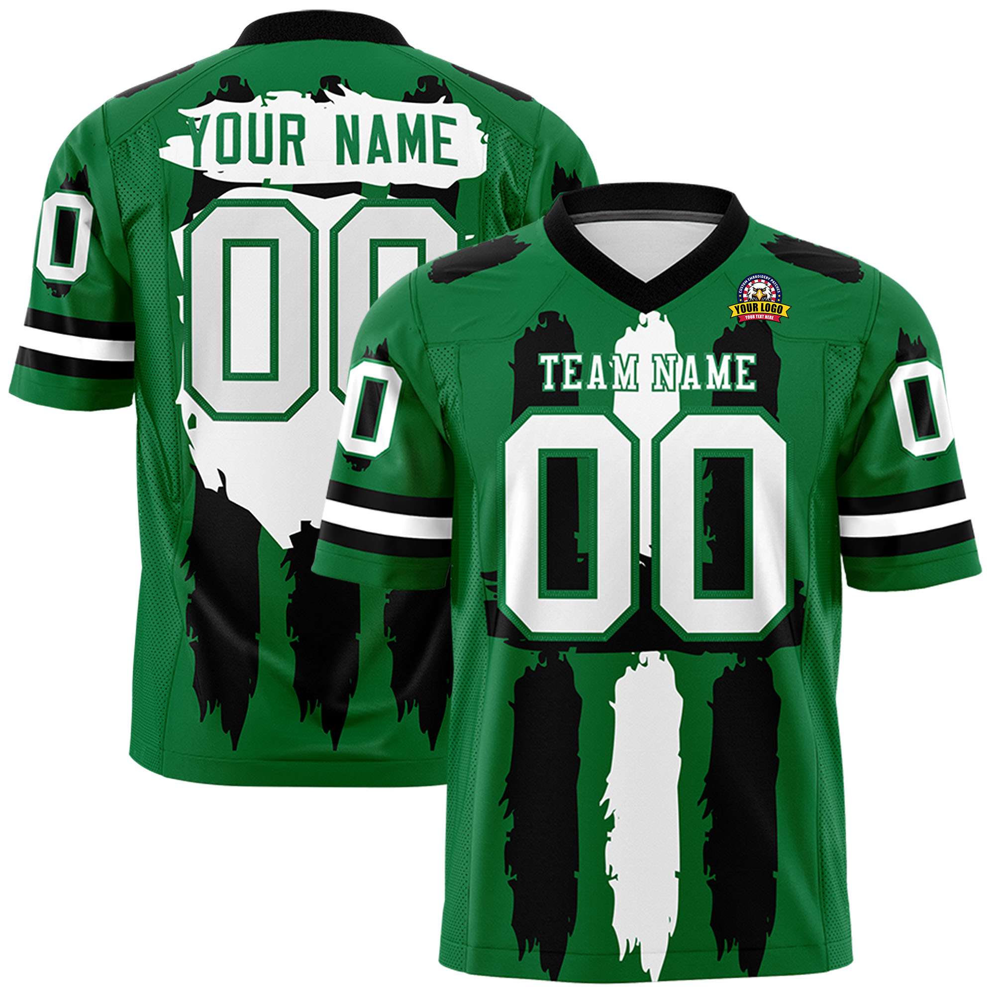 Custom Kelly Green Black and White Graffiti Pattern Flag Football Jerseys