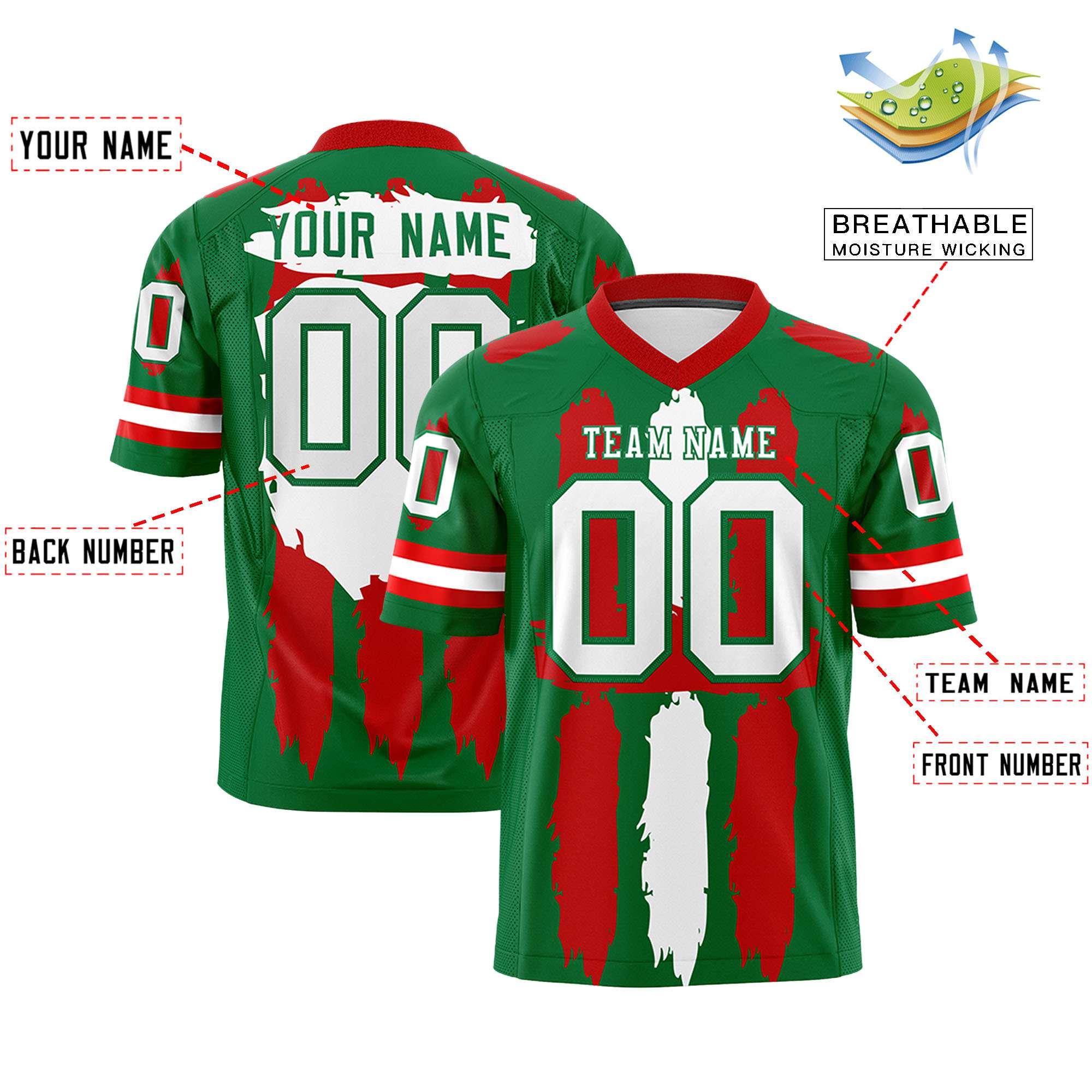 Custom Kelly Green Red and White Graffiti Pattern Flag Football Jerseys