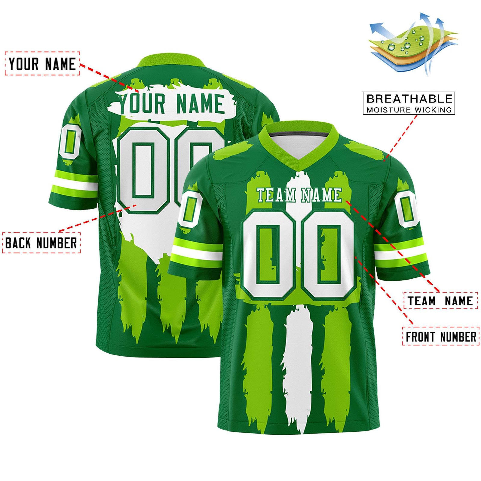 Custom Kelly Green Neon Green and White Graffiti Pattern Flag Football Jerseys