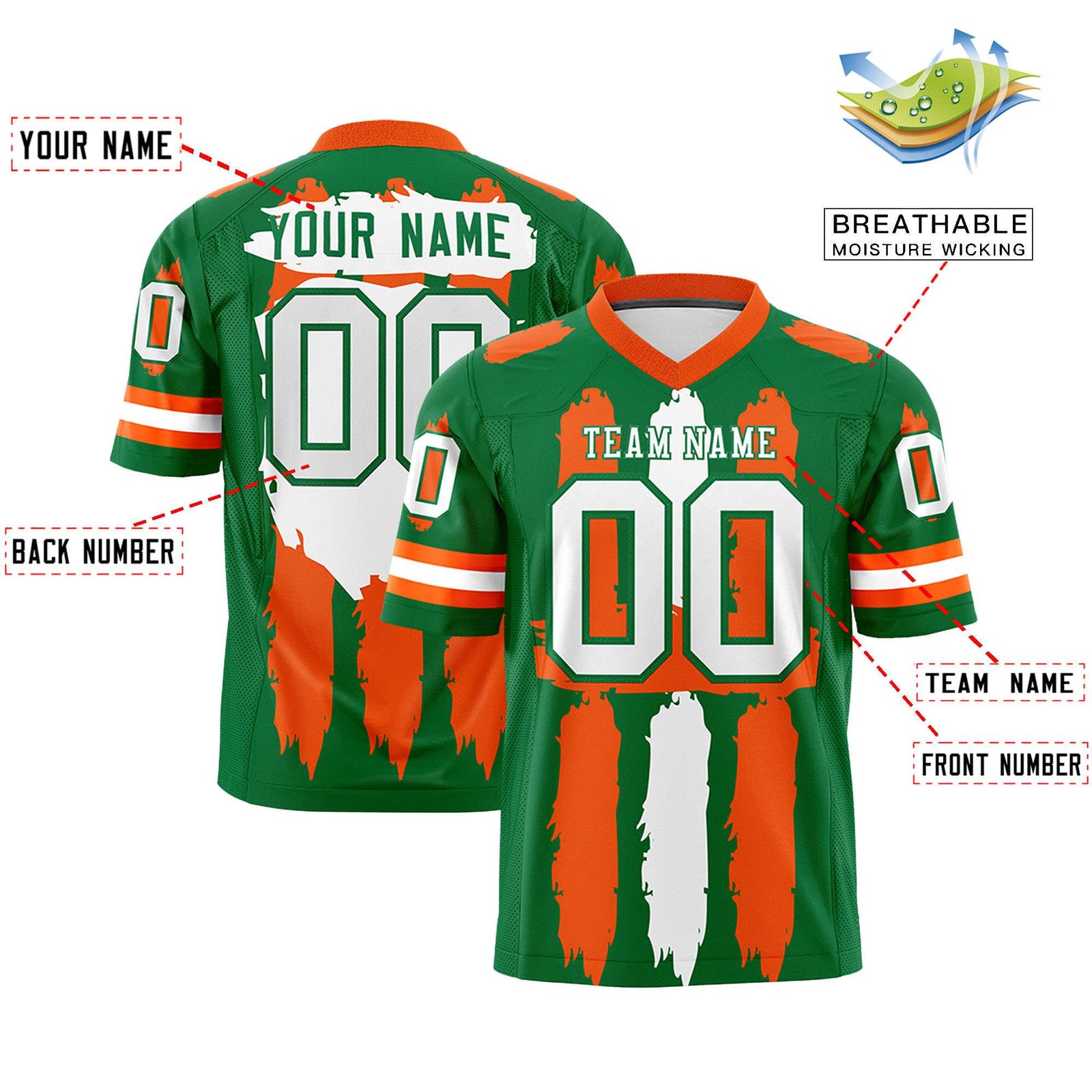 Custom Kelly Green Orange and White Graffiti Pattern Flag Football Jerseys