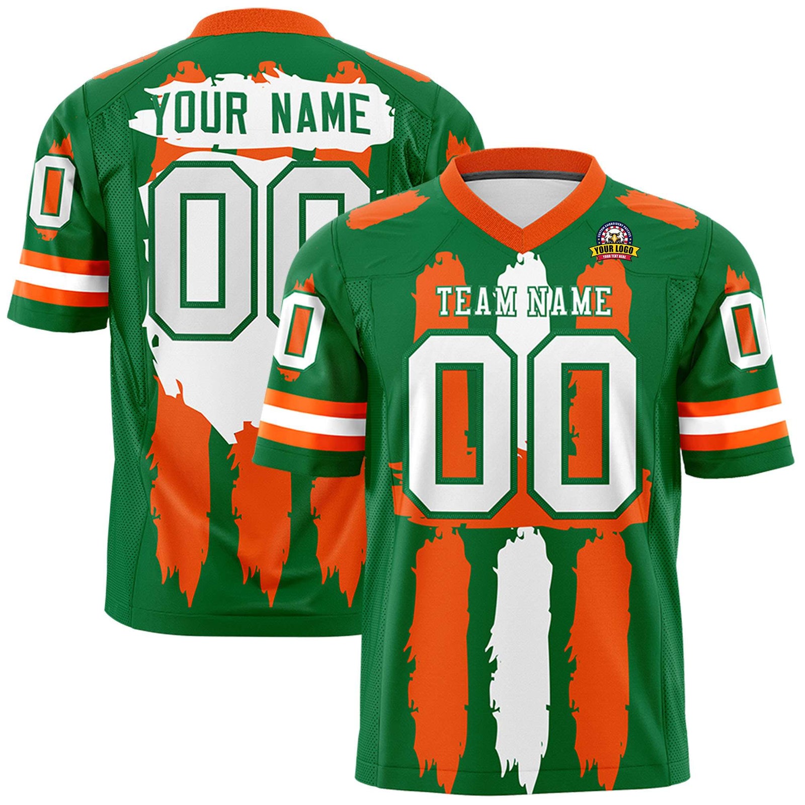 Custom Kelly Green Orange and White Graffiti Pattern Flag Football Jerseys