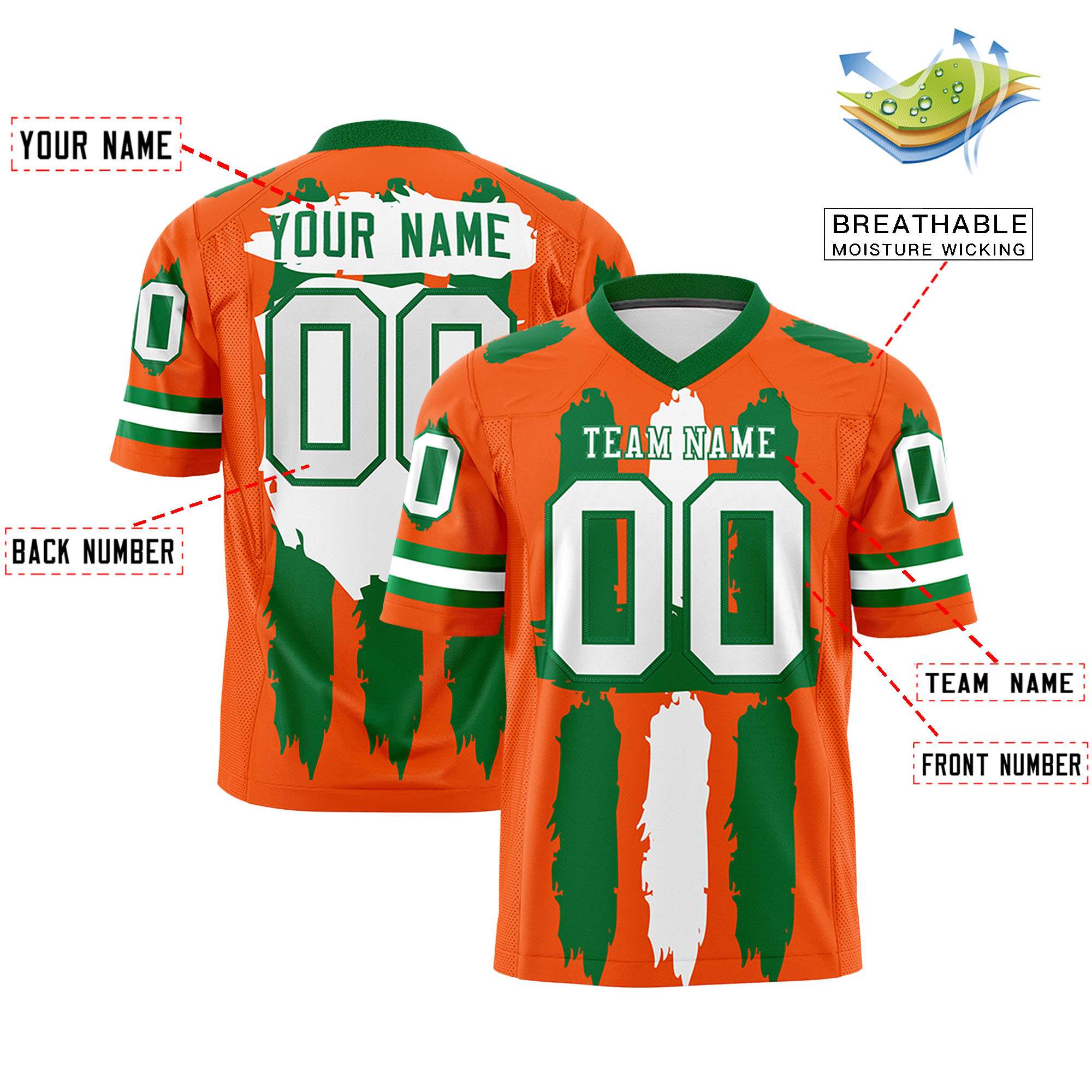 Custom Orange Kelly Green and White Graffiti Pattern Flag Football Jerseys