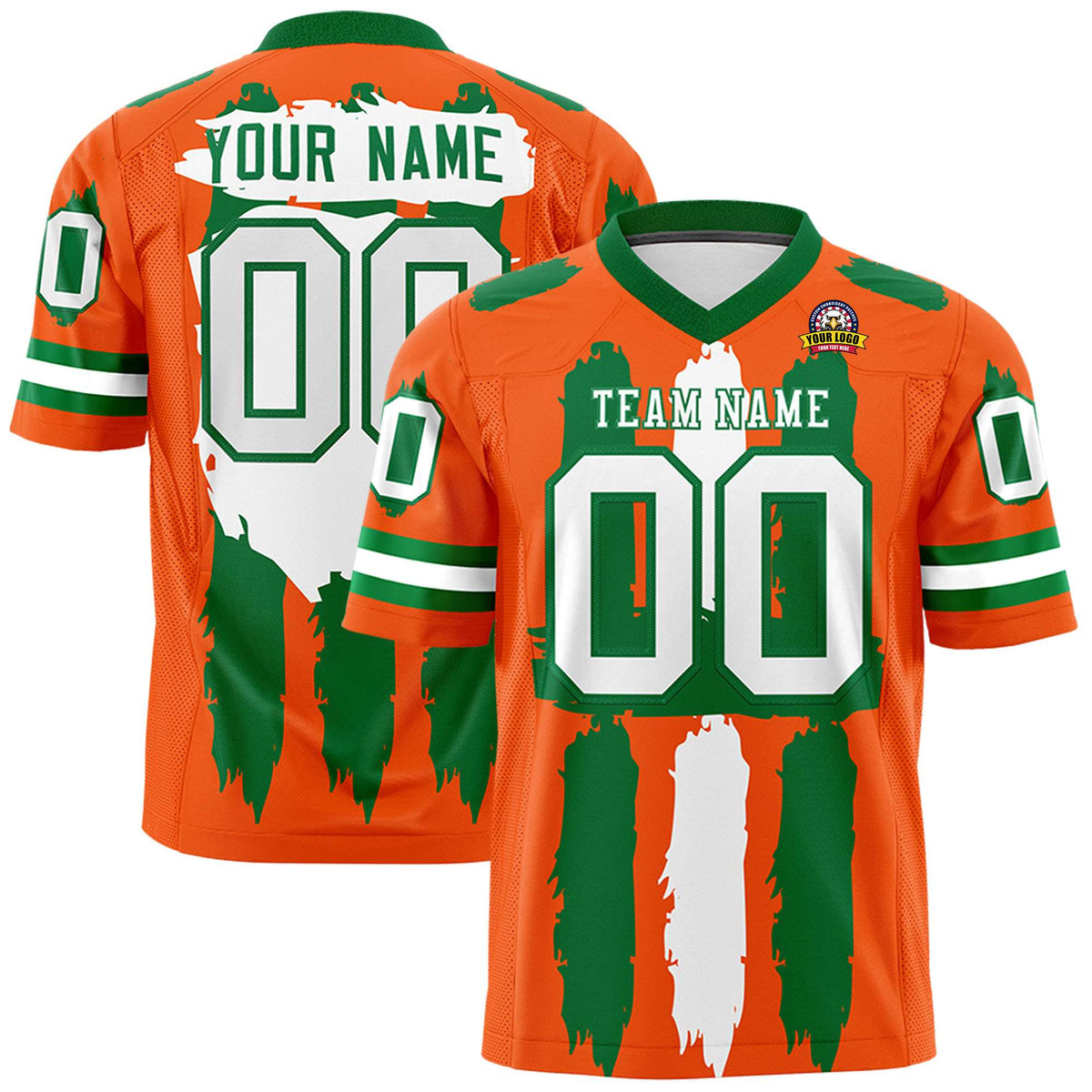 Custom Orange Kelly Green and White Graffiti Pattern Flag Football Jerseys