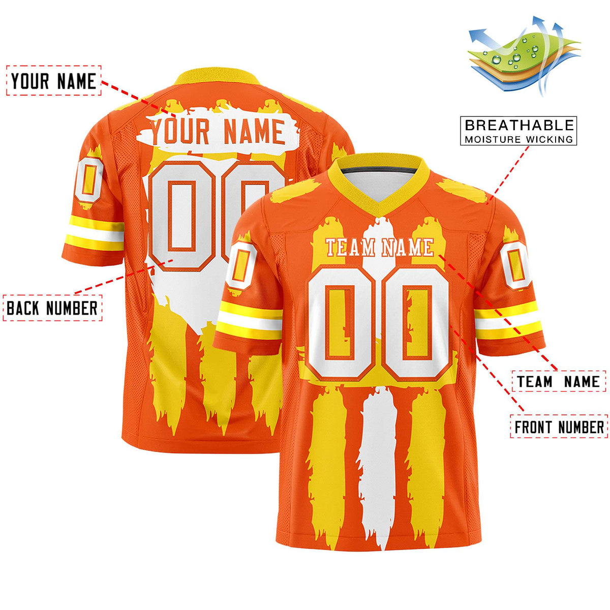 Custom Orange White Graffiti Pattern Flag Football Jerseys