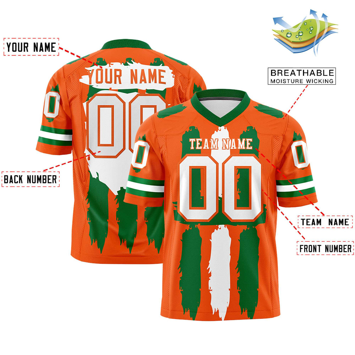 Custom Orange Kelly Green and White Graffiti Pattern Flag Football Jerseys