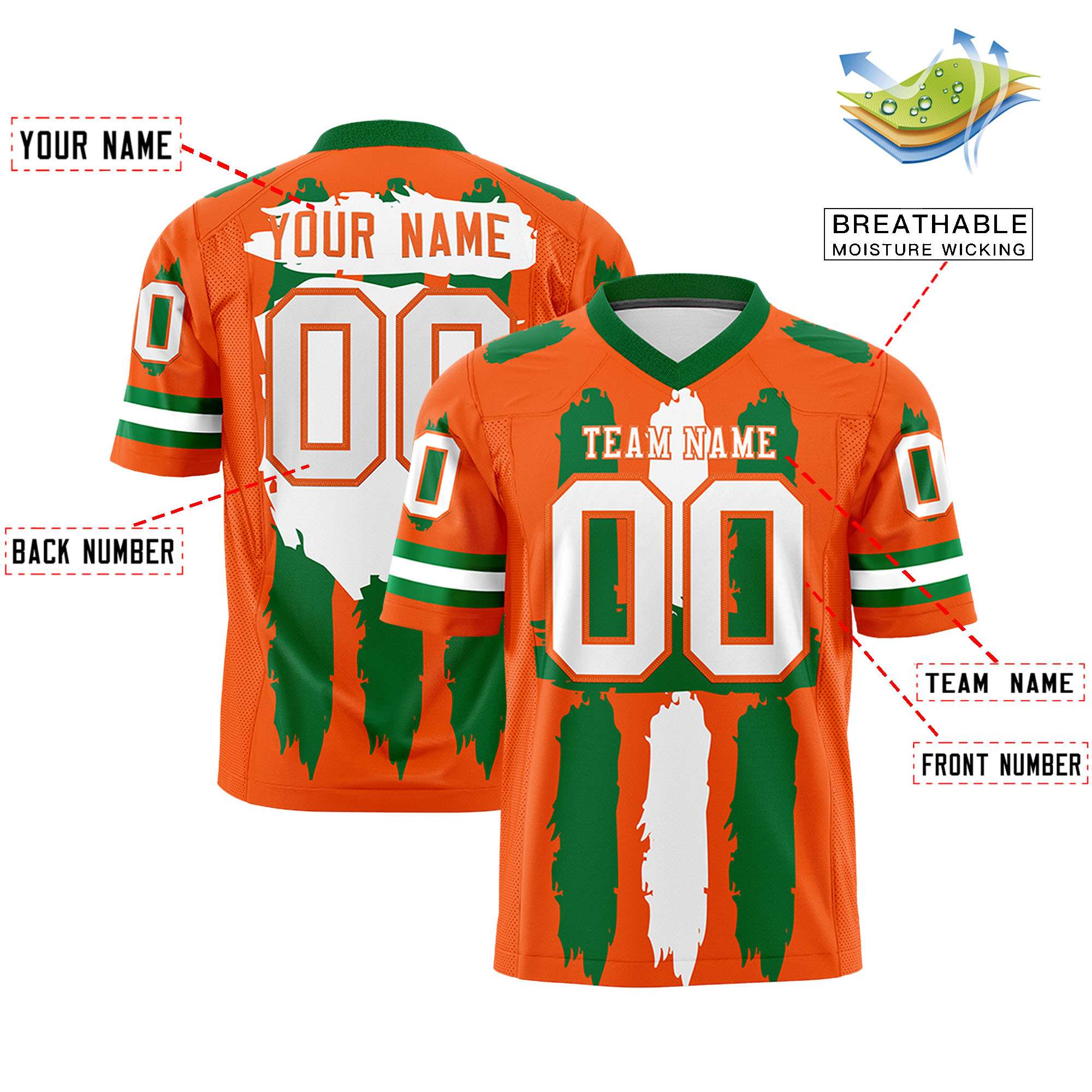 Custom Orange Kelly Green and White Graffiti Pattern Flag Football Jerseys