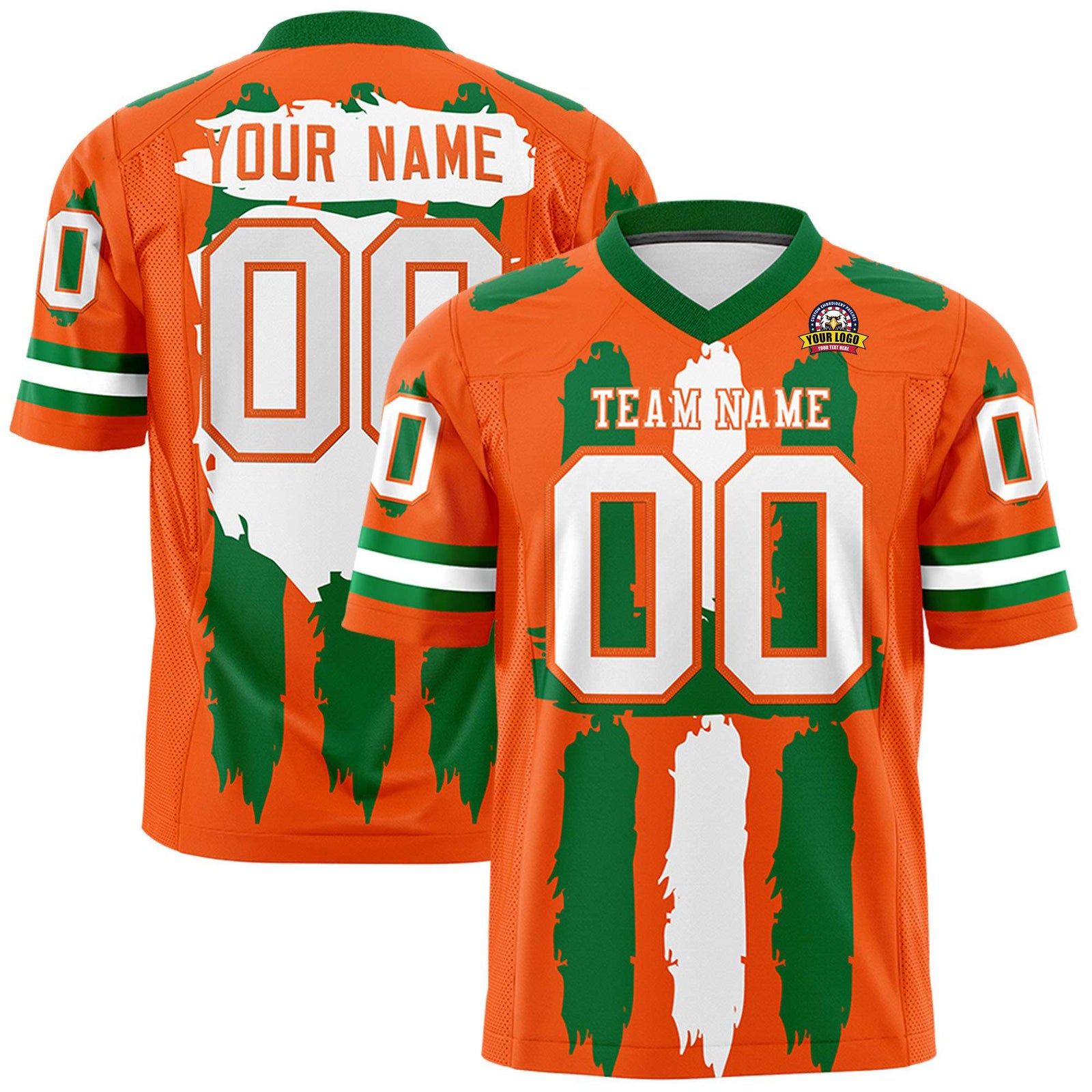 Custom Orange Kelly Green and White Graffiti Pattern Flag Football Jerseys