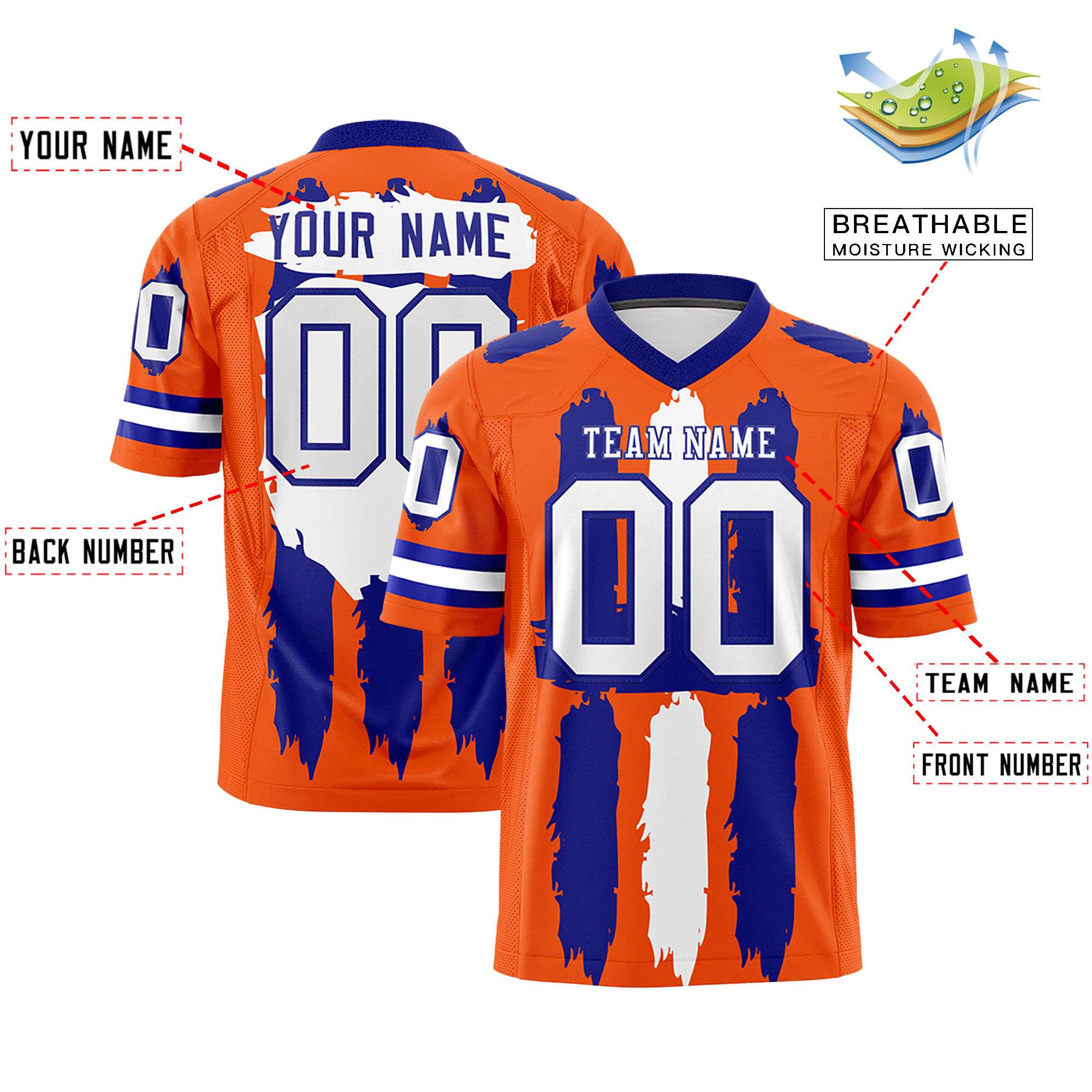 Custom Orange Royal and White Graffiti Pattern Flag Football Jerseys