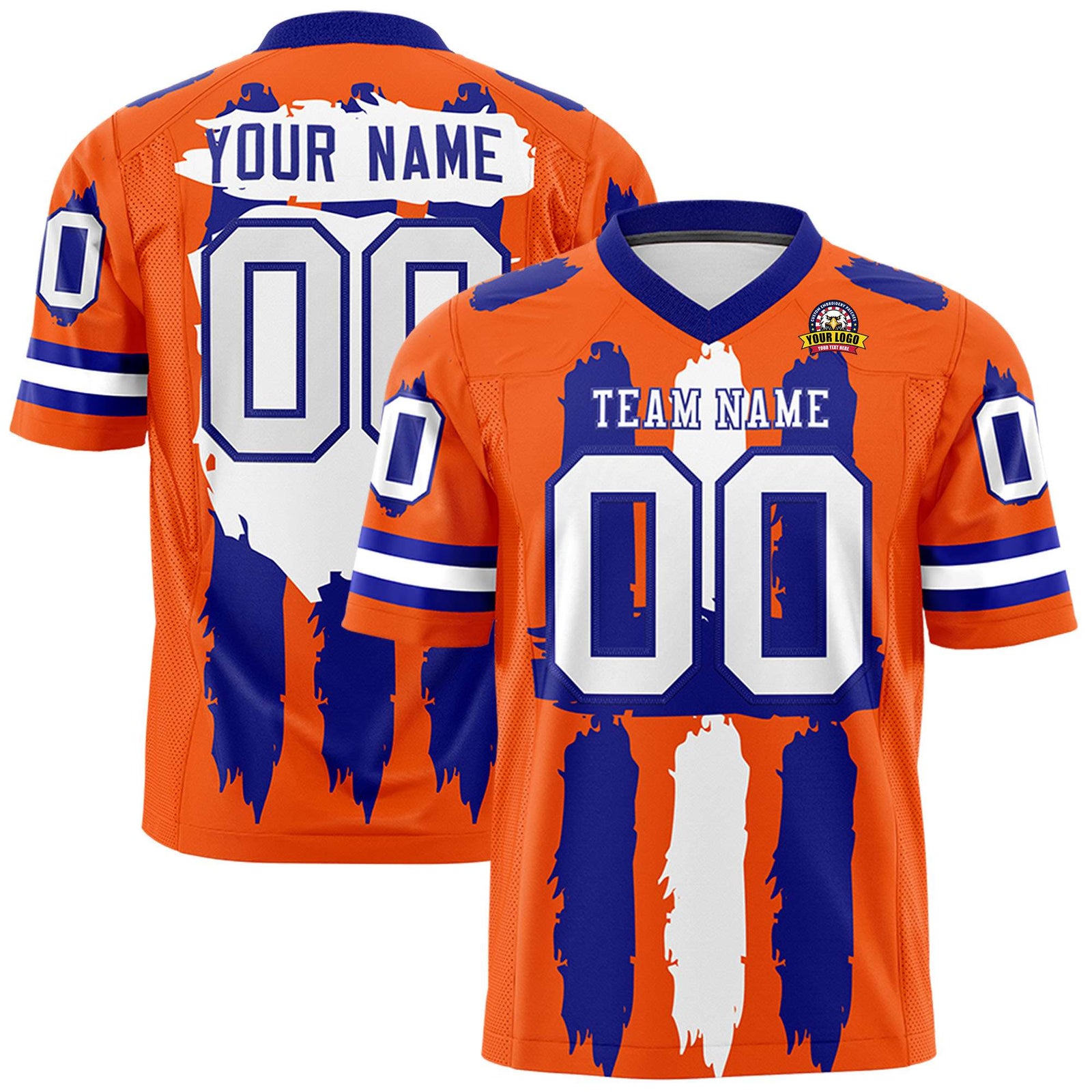 Custom Orange Royal and White Graffiti Pattern Flag Football Jerseys