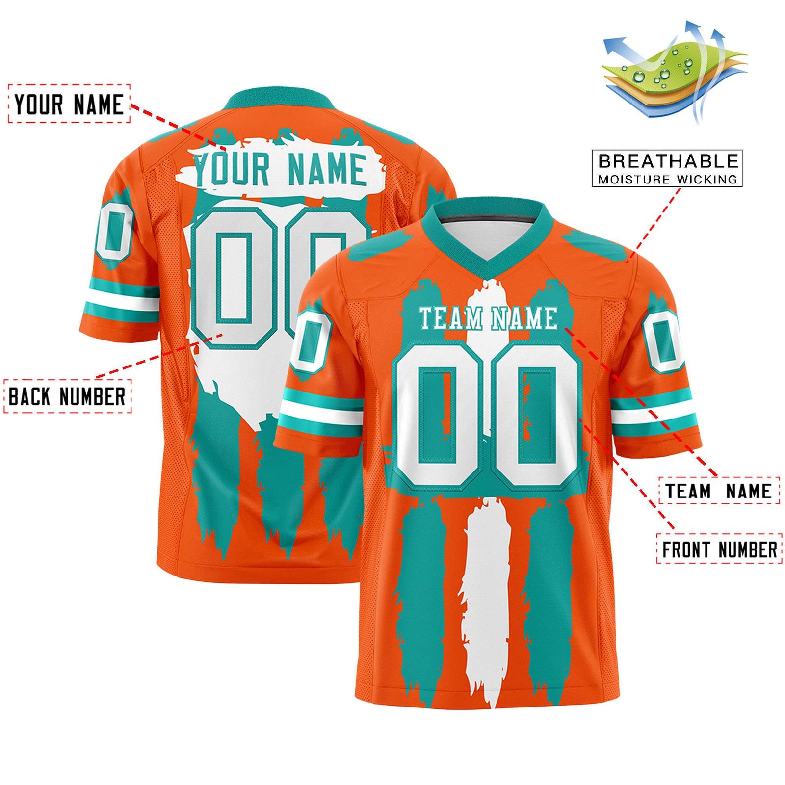 Custom Orange Aqua and White Graffiti Pattern Flag Football Jerseys