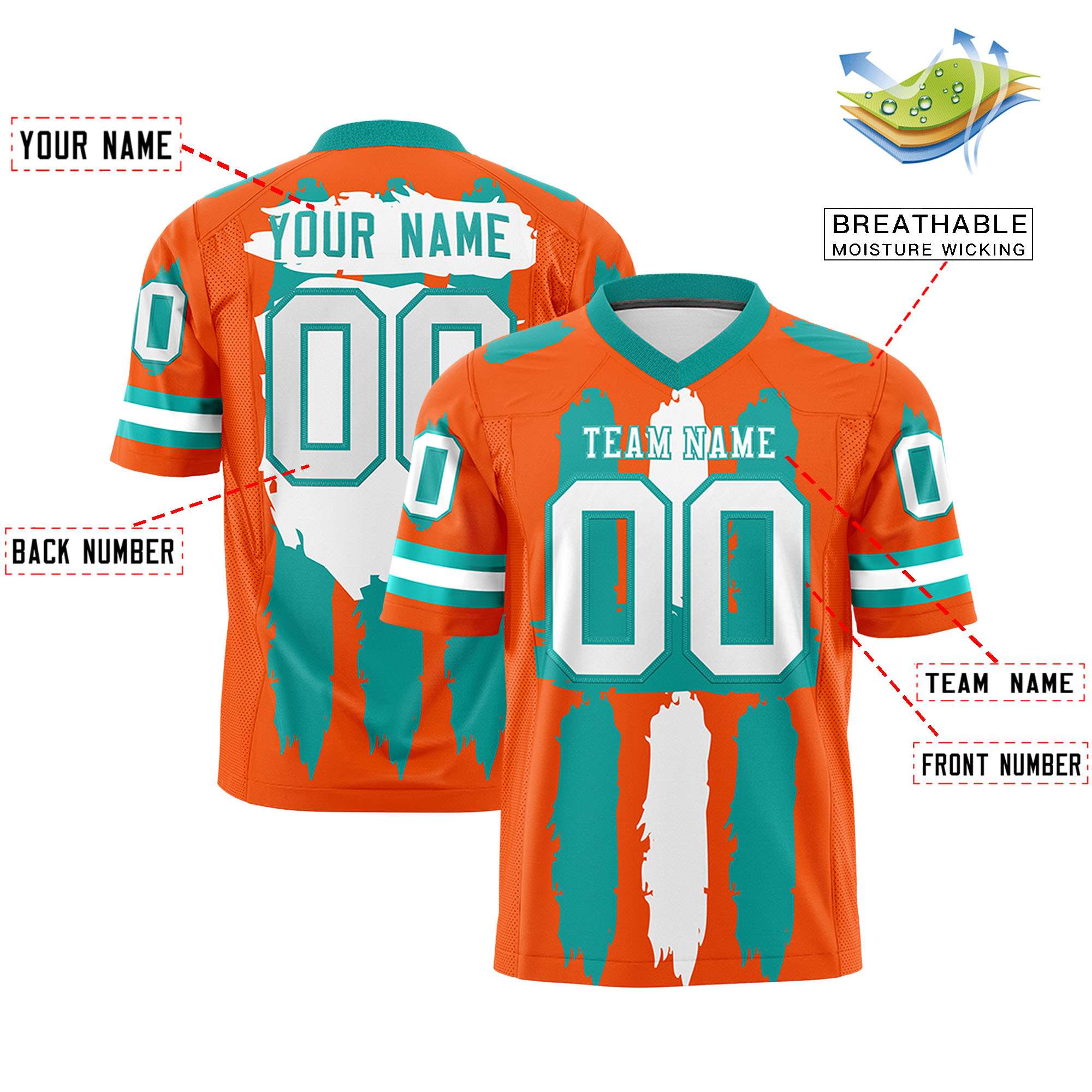 Custom Orange Aqua and White Graffiti Pattern Flag Football Jerseys