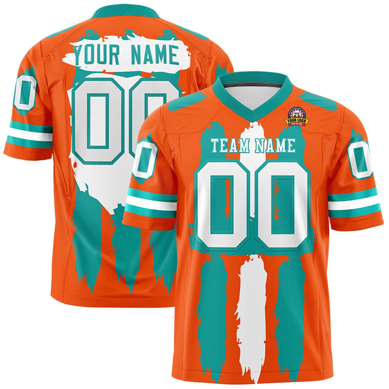 Custom Orange Aqua and White Graffiti Pattern Flag Football Jerseys