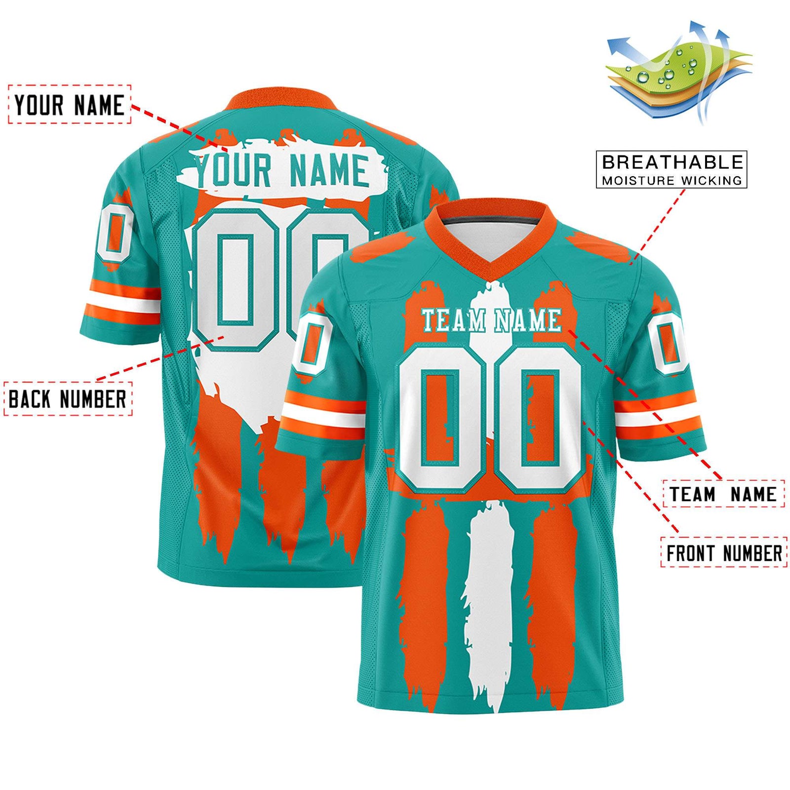 Custom Aqua Orange and White Graffiti Pattern Flag Football Jerseys