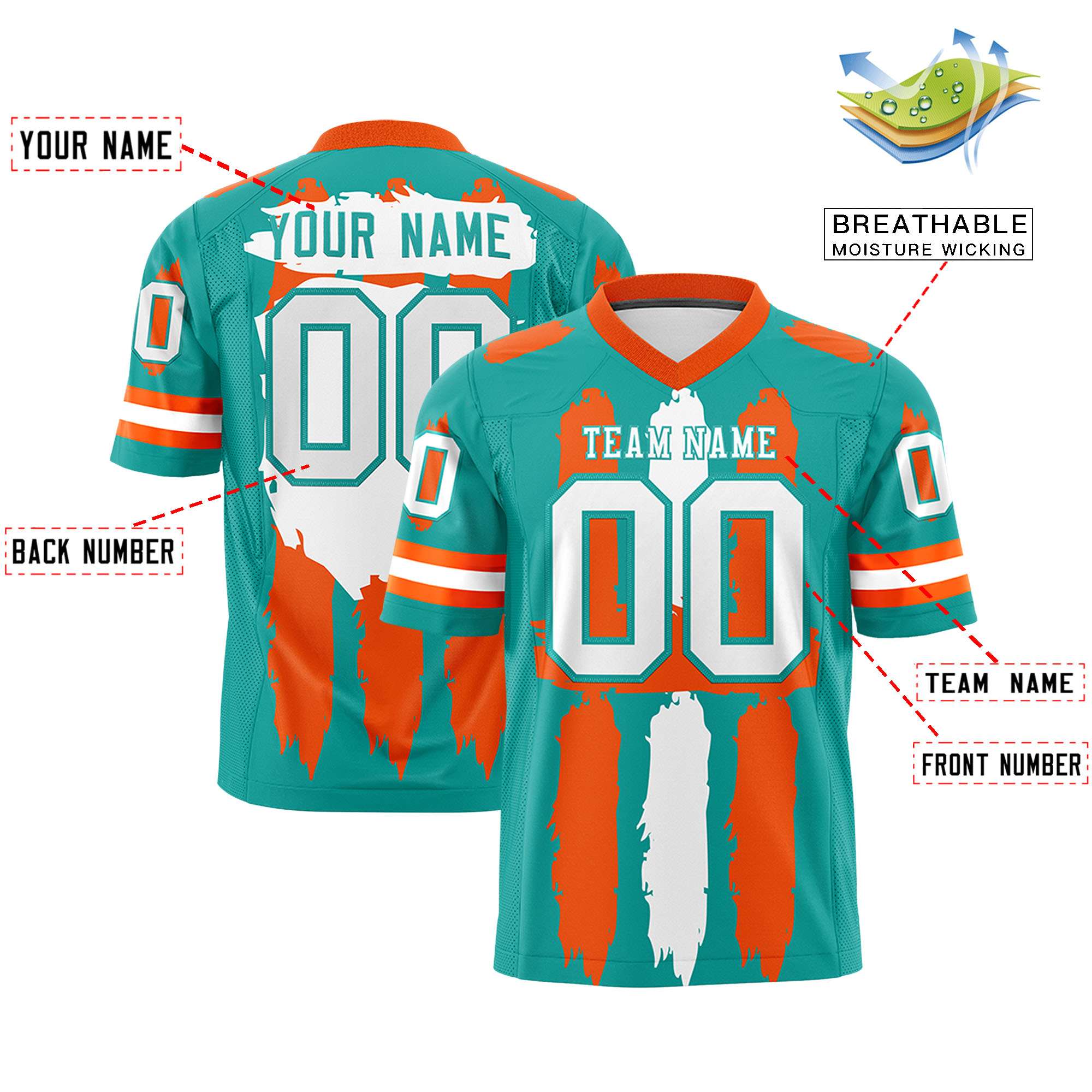 Custom Aqua Orange and White Graffiti Pattern Flag Football Jerseys