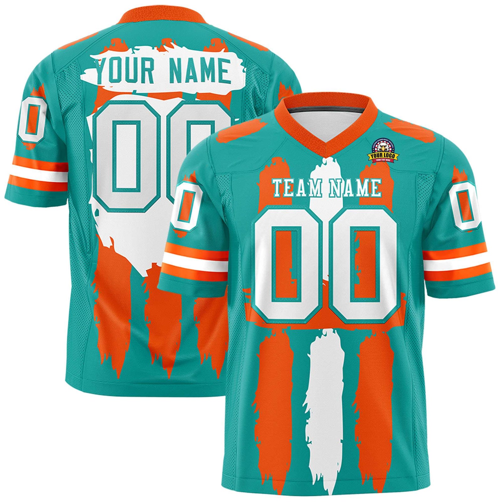 Custom Aqua Orange and White Graffiti Pattern Flag Football Jerseys