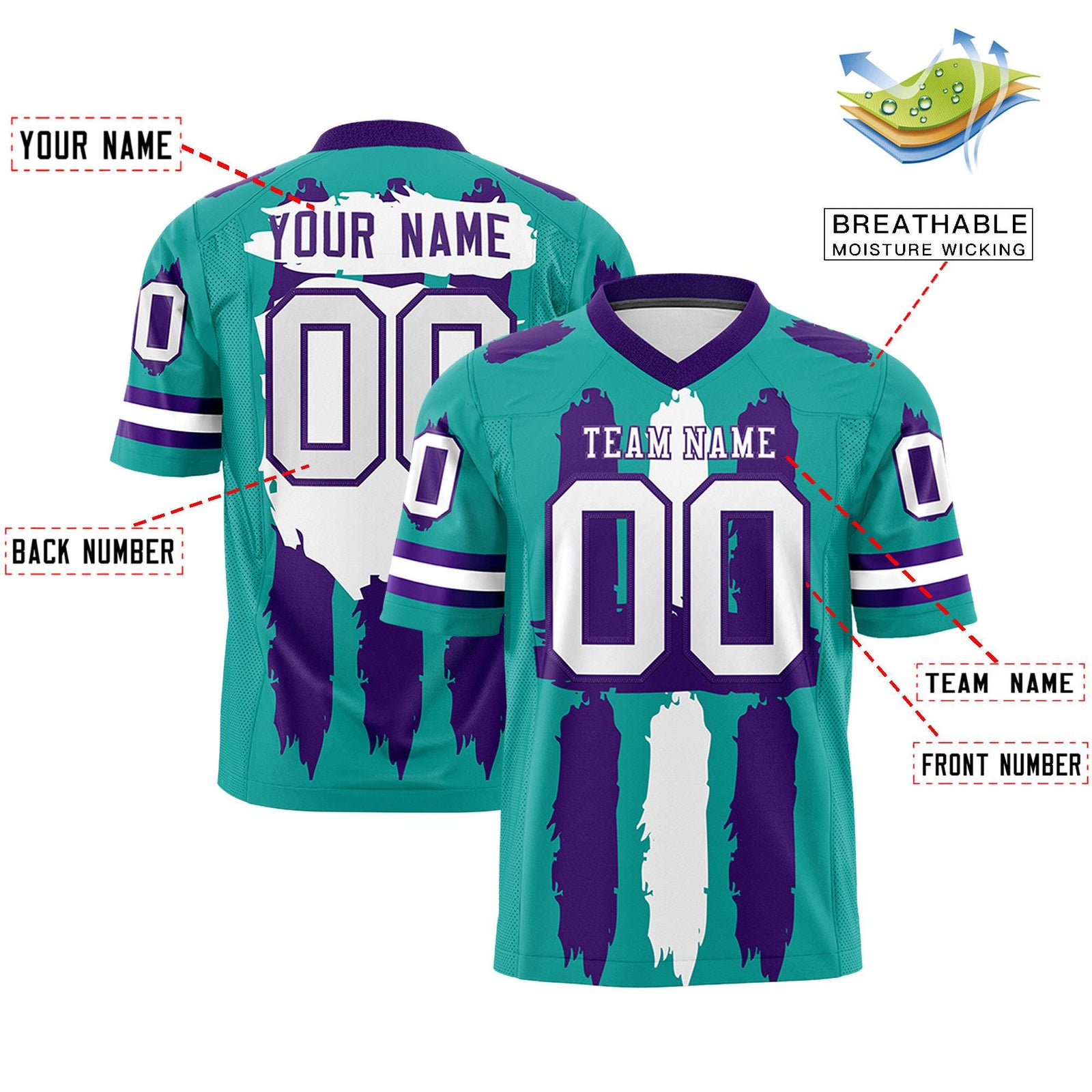 Custom Aqua Purple and White Graffiti Pattern Flag Football Jerseys