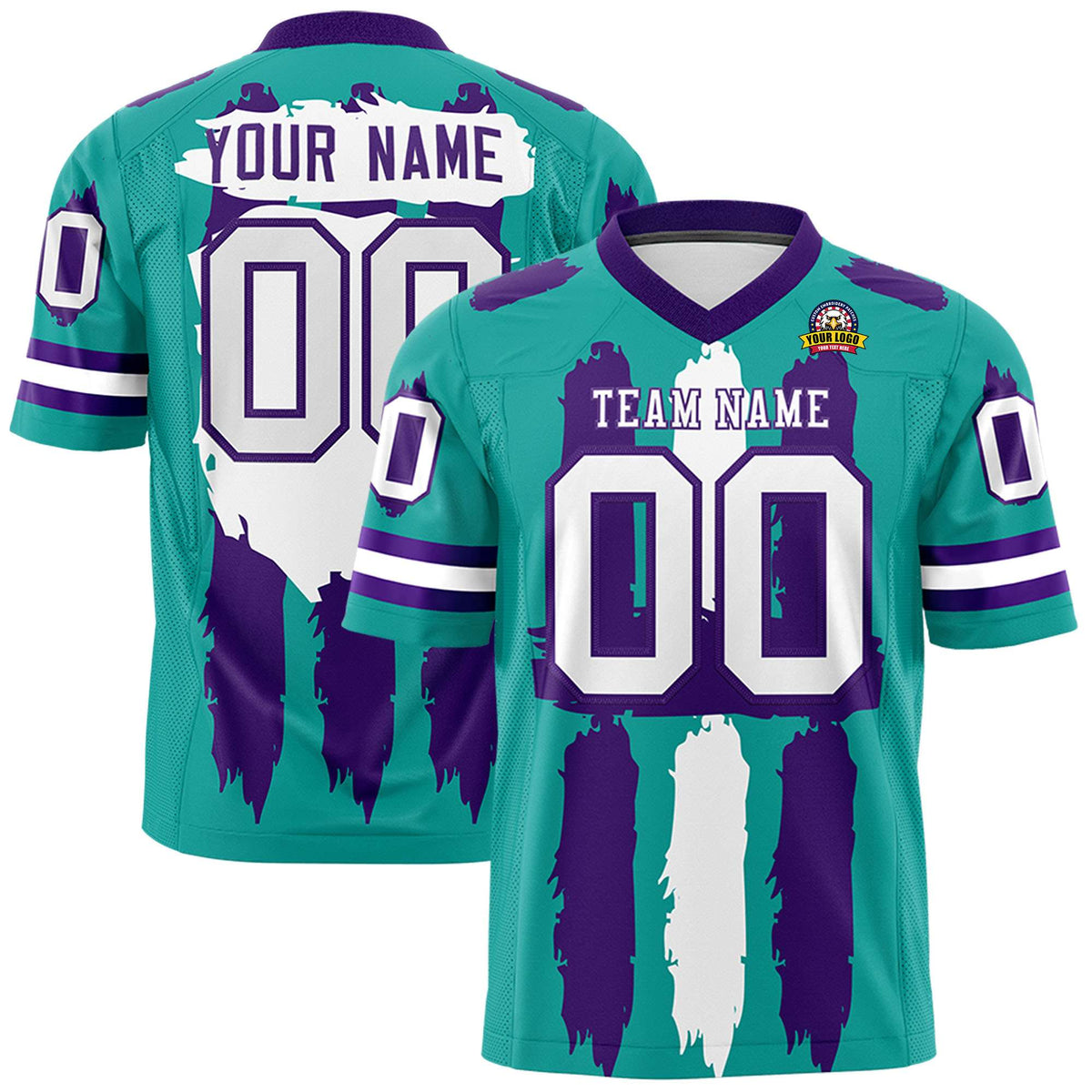 Custom Aqua Purple and White Graffiti Pattern Flag Football Jerseys