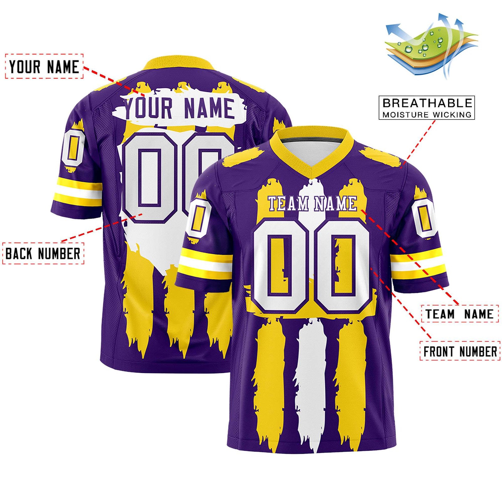 Custom Purple Gold and White Graffiti Pattern Flag Football Jerseys