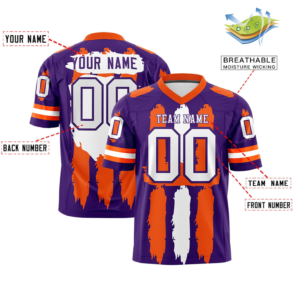 Custom Purple Orange and White Graffiti Pattern Flag Football Jerseys