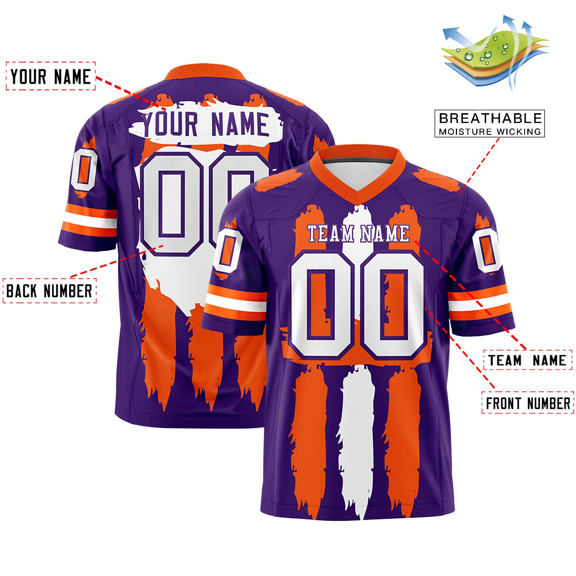 Custom Purple Orange and White Graffiti Pattern Flag Football Jerseys