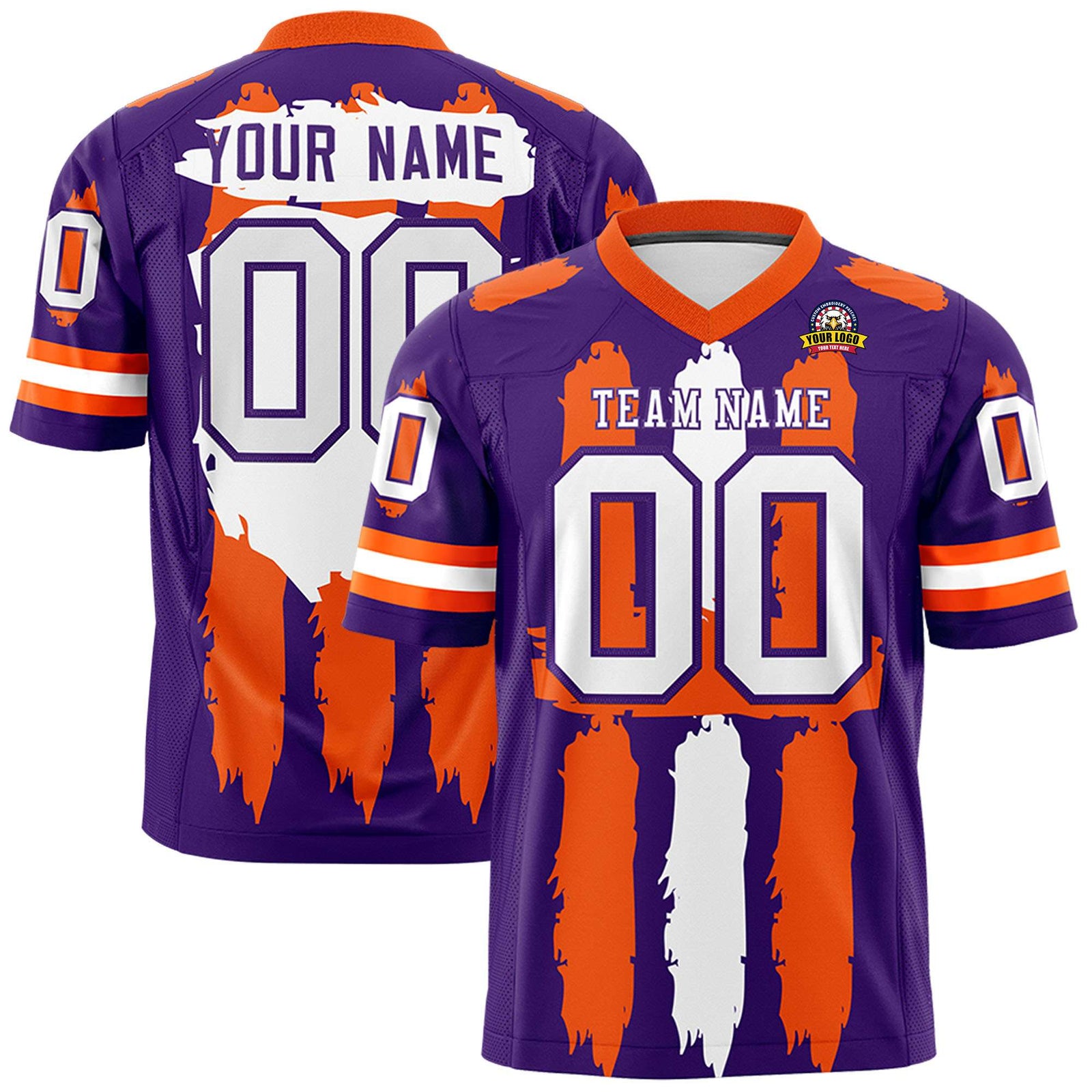 Custom Purple Orange and White Graffiti Pattern Flag Football Jerseys