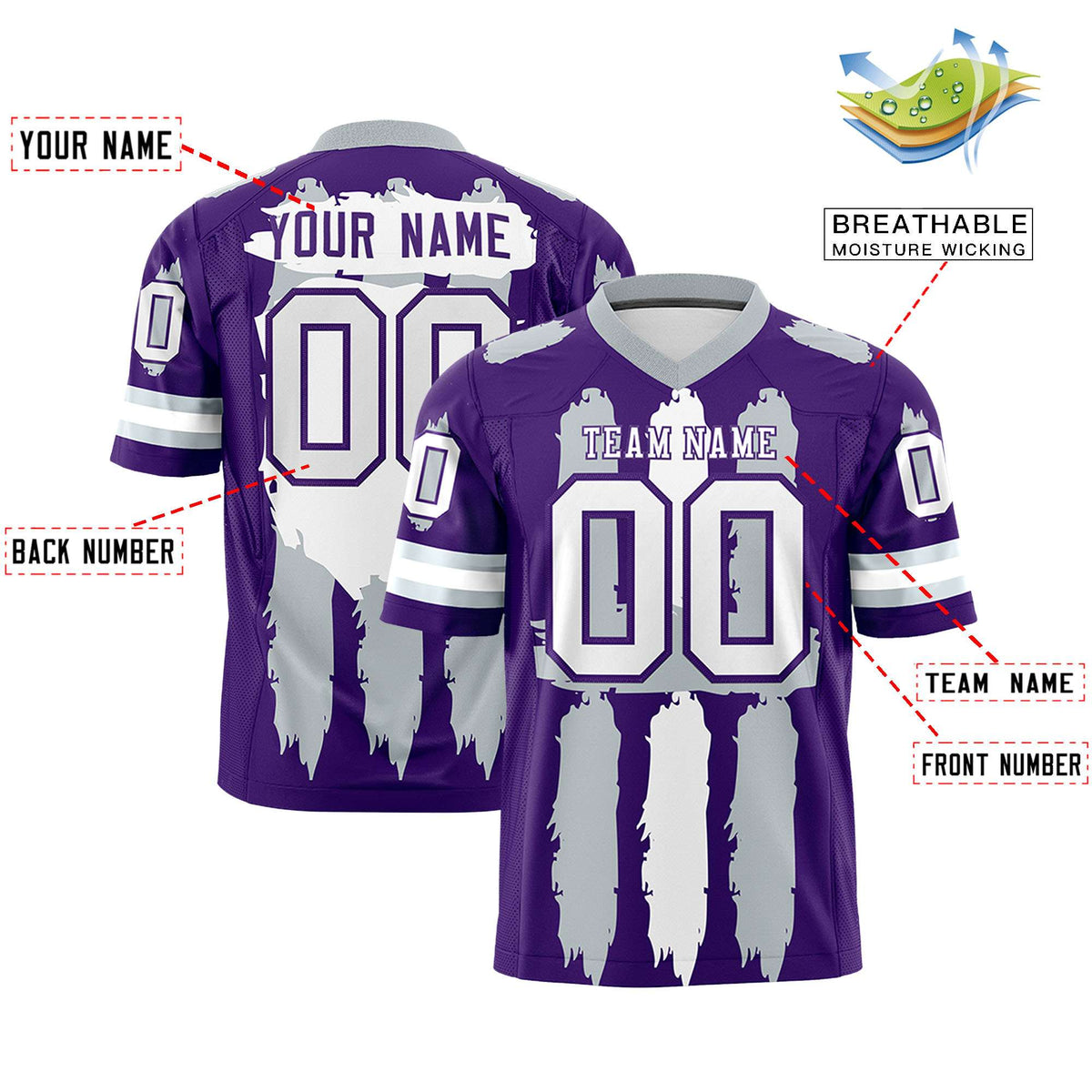 Custom Purple Silver and White Graffiti Pattern Flag Football Jerseys