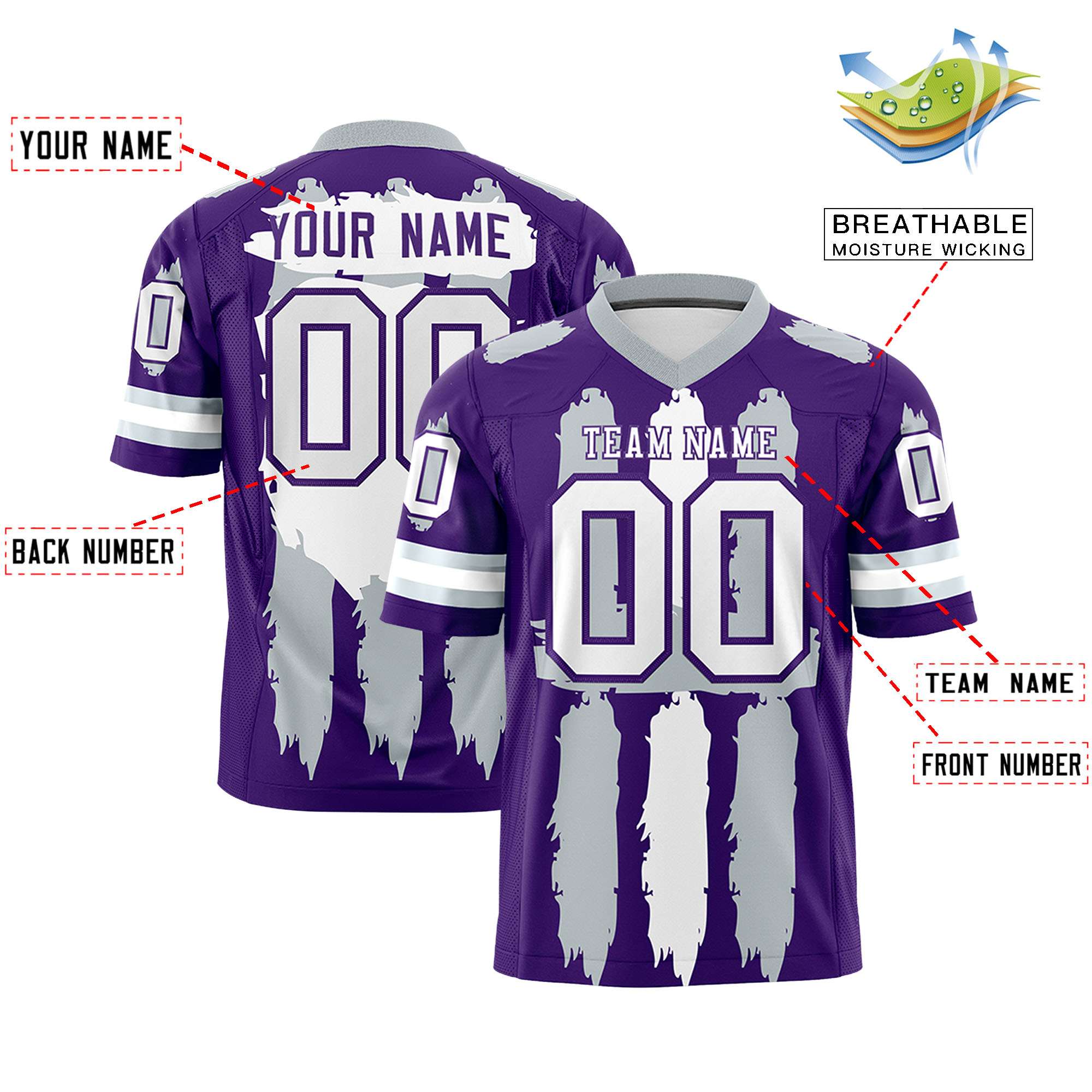 Custom Purple Silver and White Graffiti Pattern Flag Football Jerseys