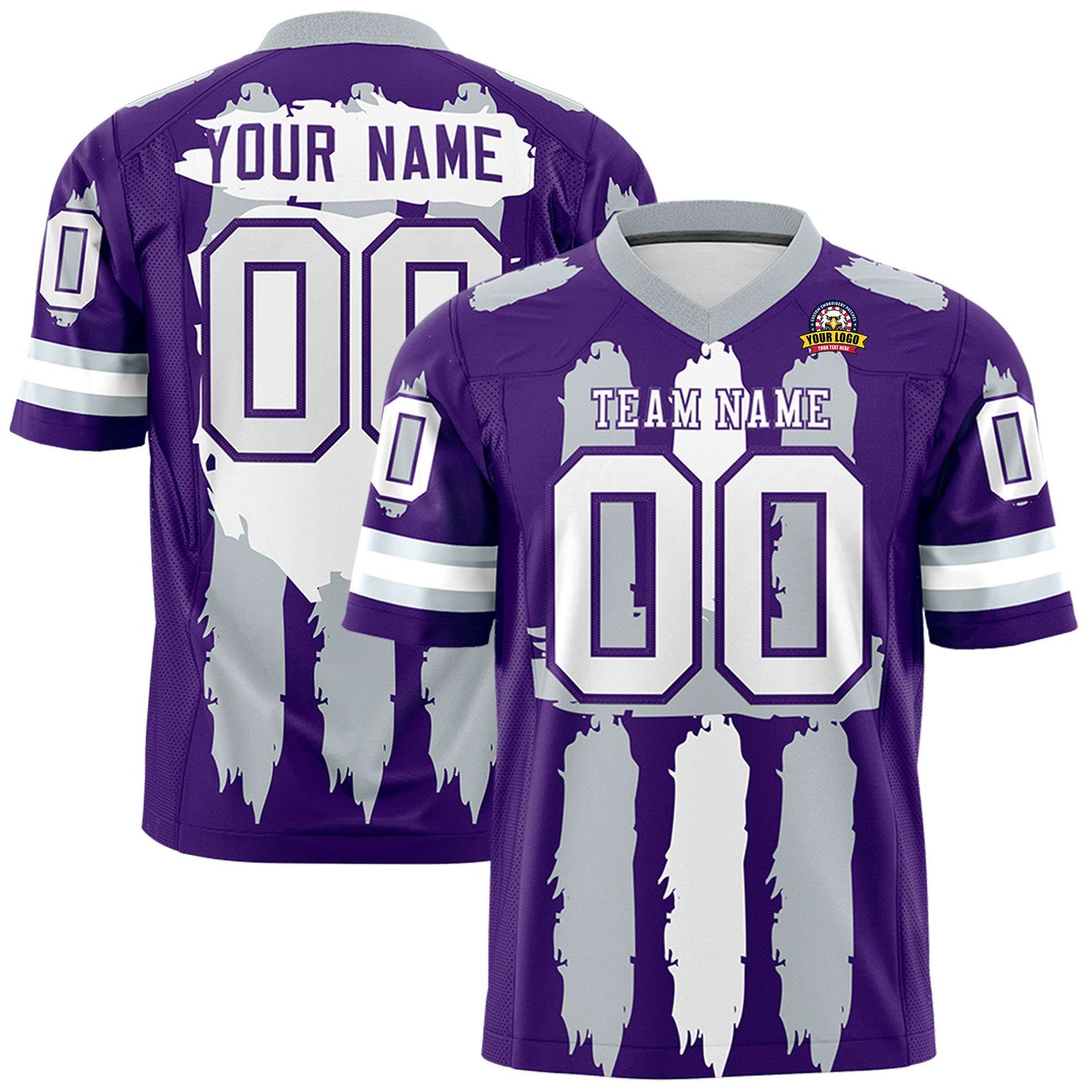 Custom Purple Silver and White Graffiti Pattern Flag Football Jerseys